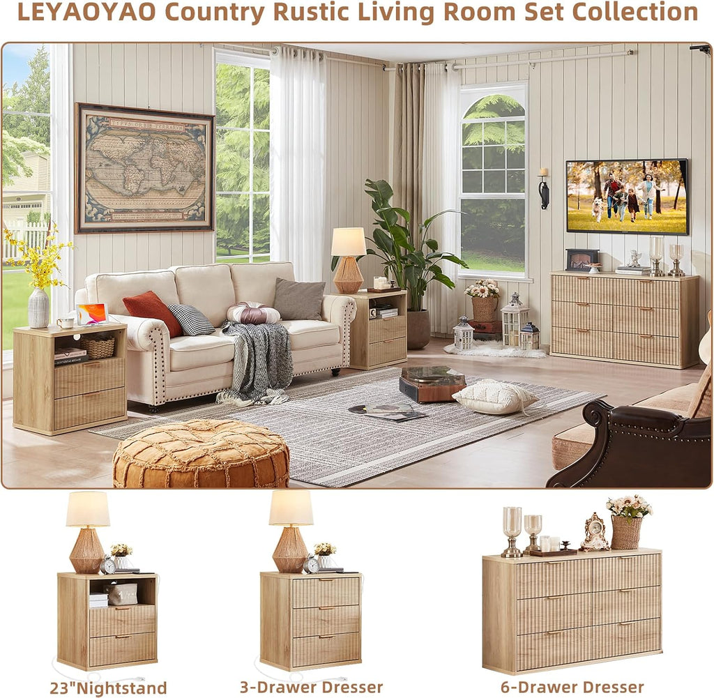 LEYAOYAO 48' Wide Fluted Dresser and 3 Drawers 23' Nightstand Set of 2, Wooden Dresser & Night Stand with Charging Station, 3 Piece Bedroom Furniture Set, Wood Chest of Drawer for Living Room,Natural
