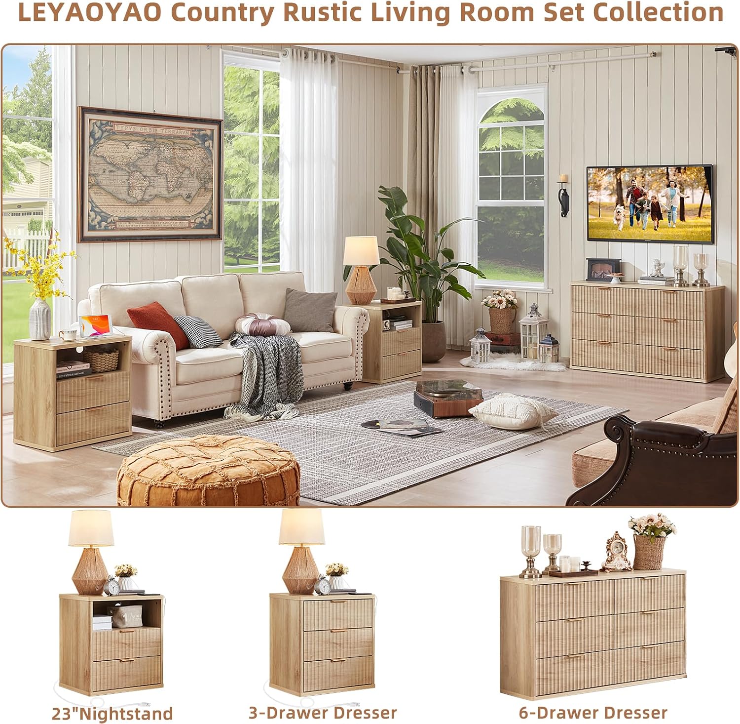 LEYAOYAO 48' Wide Fluted Dresser and 3 Drawers 23' Nightstand Set of 2, Wooden Dresser & Night Stand with Charging Station, 3 Piece Bedroom Furniture Set, Wood Chest of Drawer for Living Room,Natural