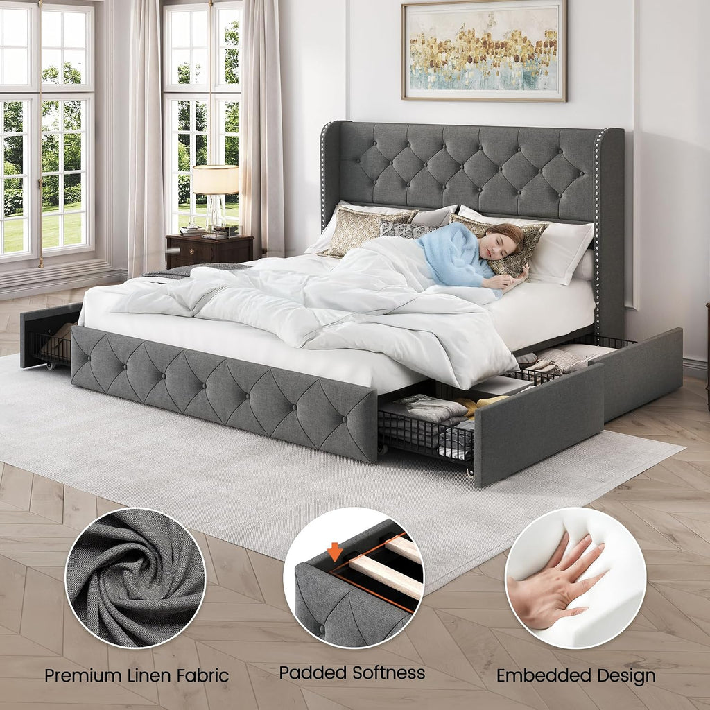 LARMACE Queen Size Platform Bed Frame with 4 Storage Drawers and 47.2' Tall Tufted Headboard Linen Upholstered Bed Wingback Bed Frame with Wooden Slats Support, Easy Assembly, Light Grey