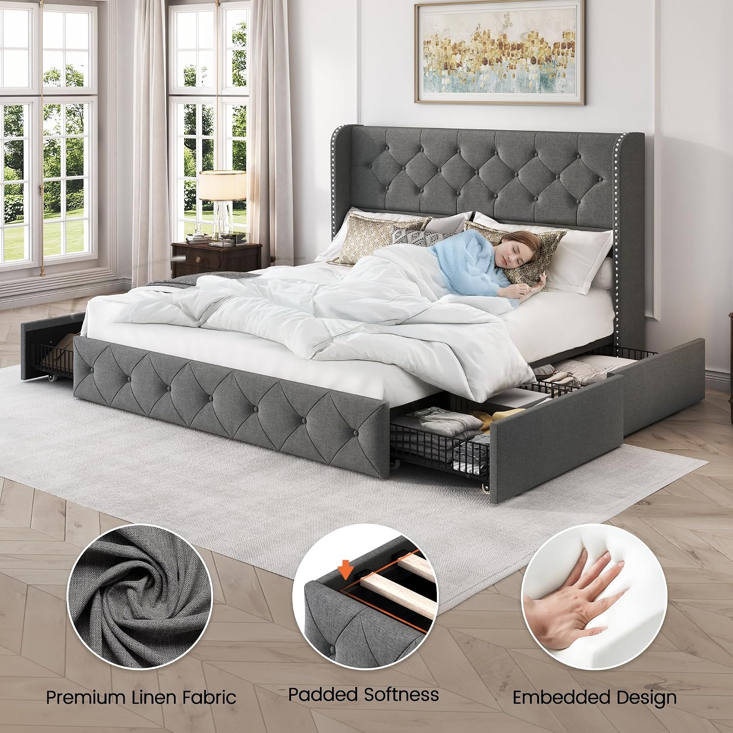 LARMACE Queen Size Platform Bed Frame with 4 Storage Drawers and 47.2' Tall Tufted Headboard Linen Upholstered Bed Wingback Bed Frame with Wooden Slats Support, Easy Assembly, Light Grey