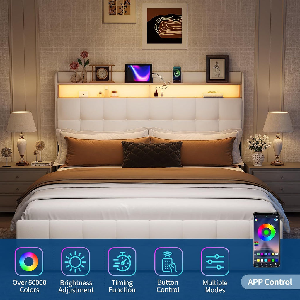 Garvee Full Size Bed Frame with 2 Storage Drawers, Upholstered Bed Frame Full with LED Light, Double-Layer Bedside Headboard with Charging Socket and USB Port, Soft Plush Fabric, White