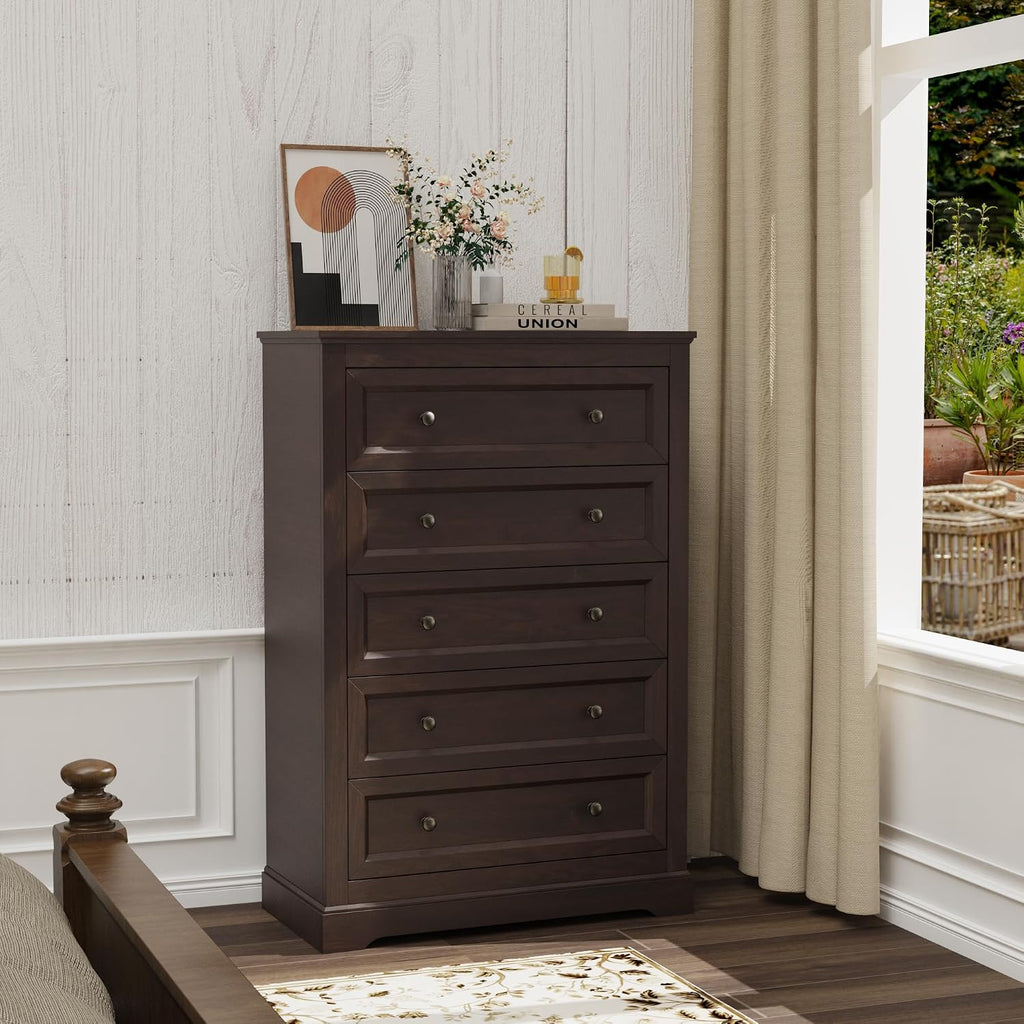 LOUVIXA Farmhouse Bedroom Sets of 4, 4Pcs Farmhouse Dresser Set，Including 9 Drawer Dresser, 5 Drawer Dressers and Nightstand Set of 2 with Charging Station (Brown Sets, 4 Pieces)