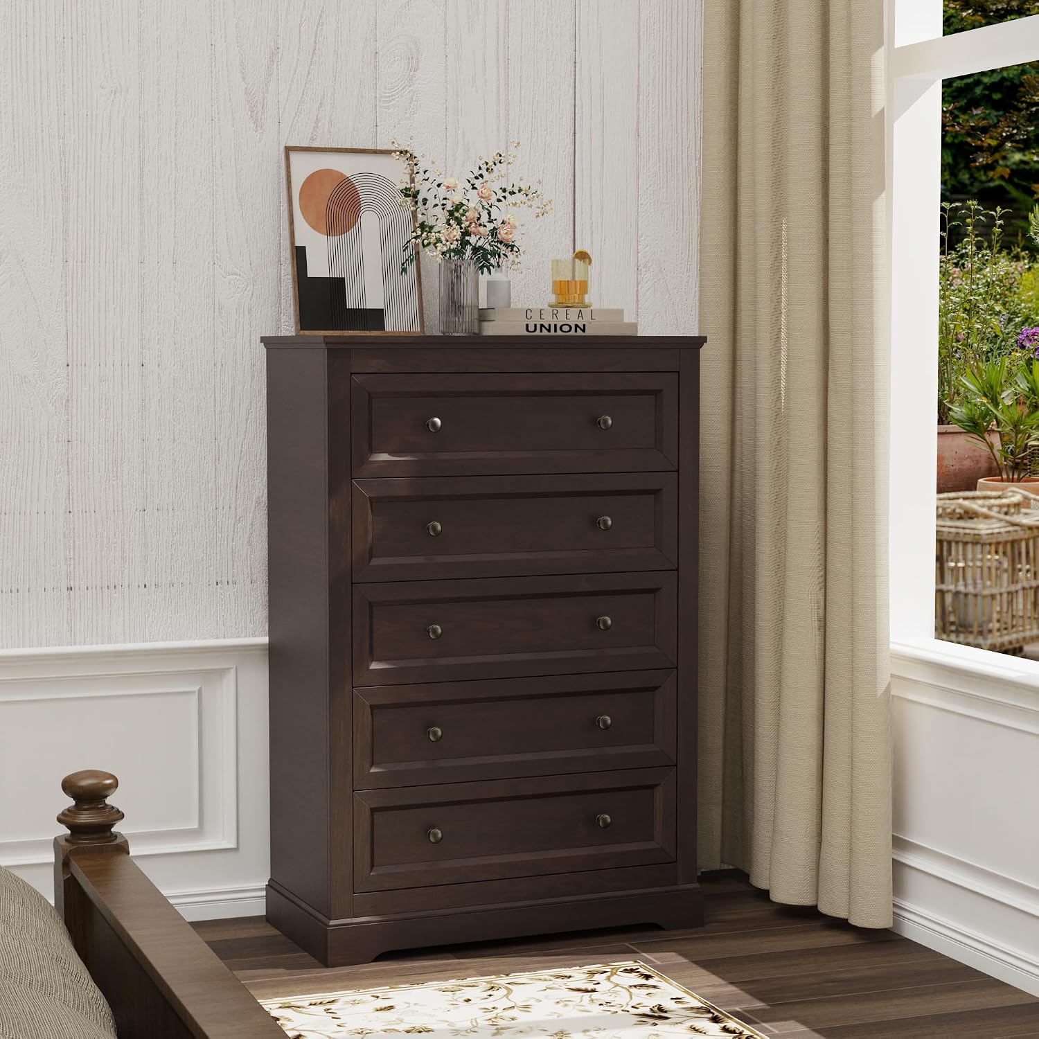LOUVIXA Farmhouse Bedroom Sets of 4, 4Pcs Farmhouse Dresser Set，Including 9 Drawer Dresser, 5 Drawer Dressers and Nightstand Set of 2 with Charging Station (Brown Sets, 4 Pieces)