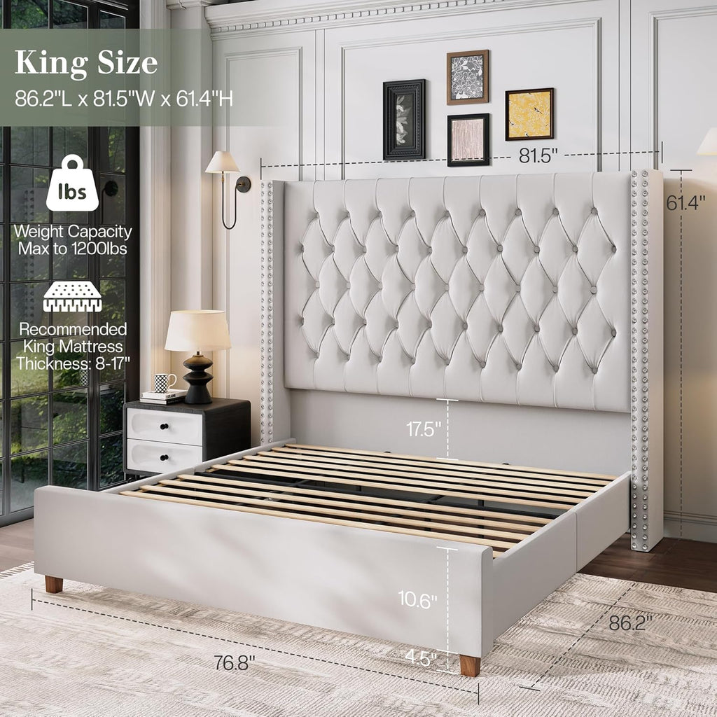 Jocisland King Size Bed Frame 61.4' Extra Tall Wingback Headboard Velvet Upholstered Deep Button Tufted Platform Bed with Solid Wood Legs & Wood Slats, No Box Spring Needed, Cream