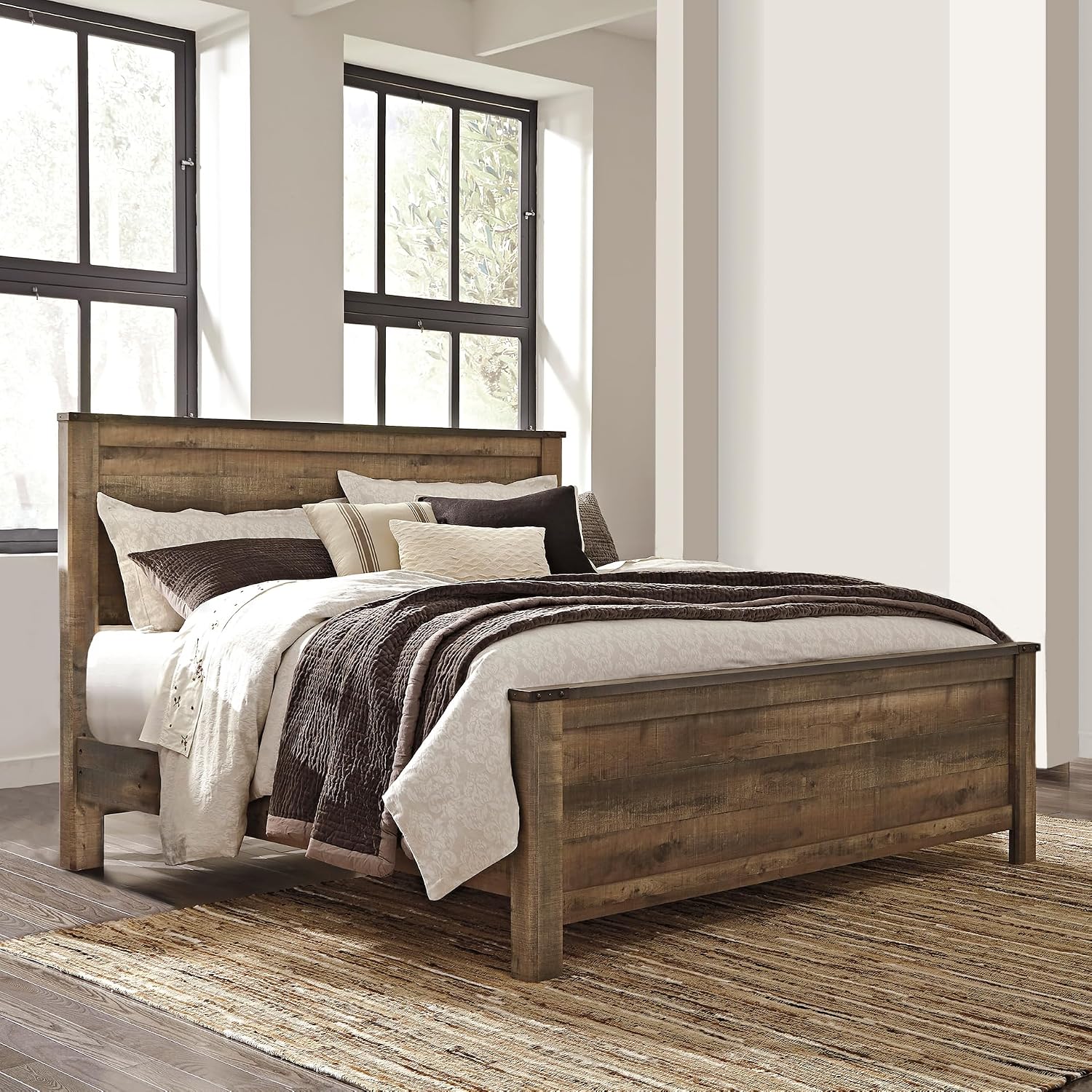 Signature Design by Ashley Trinell Casual King Panel Bed with Metal Slats and Nailheads, Foundation or Box Spring Needed, Dark Brown