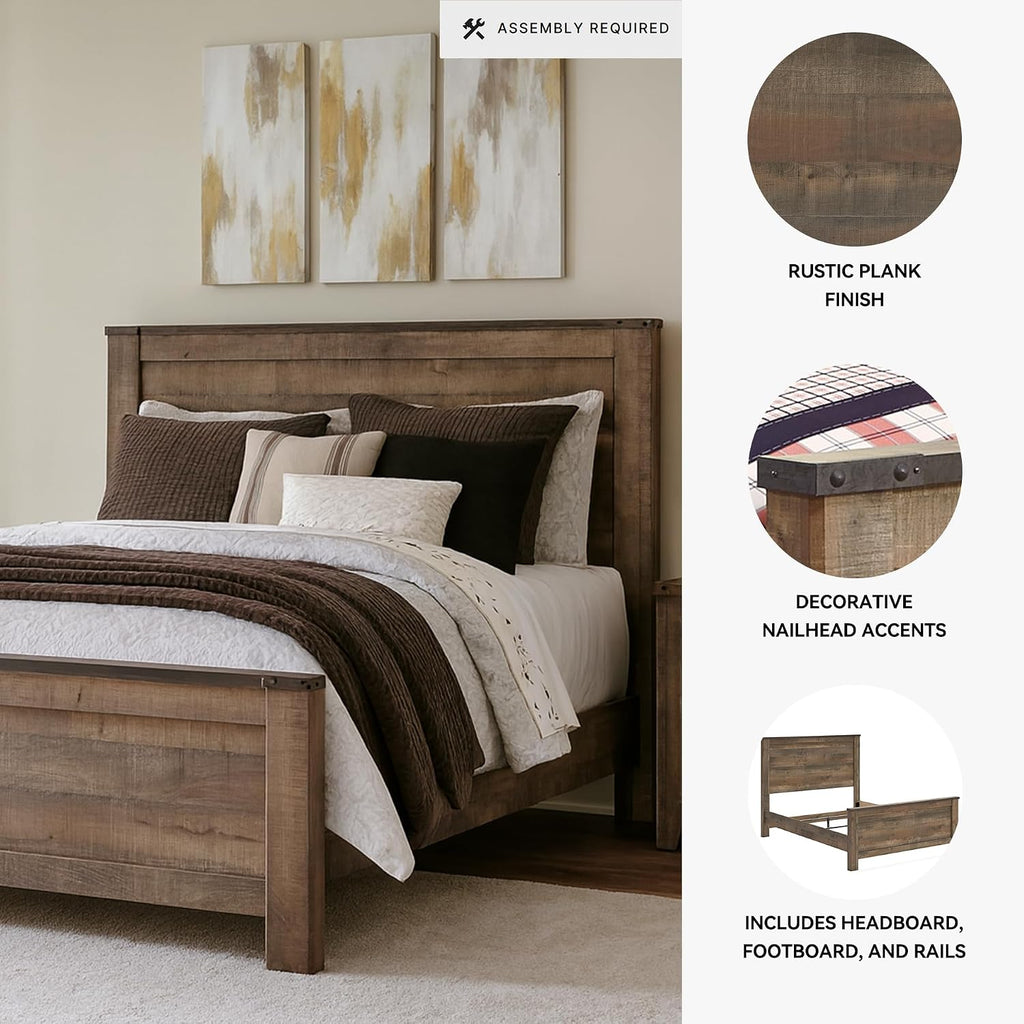 Signature Design by Ashley Trinell Casual Queen Panel Bed with Metal Slats and Nailheads, Foundation or Box Spring Needed, Dark Brown