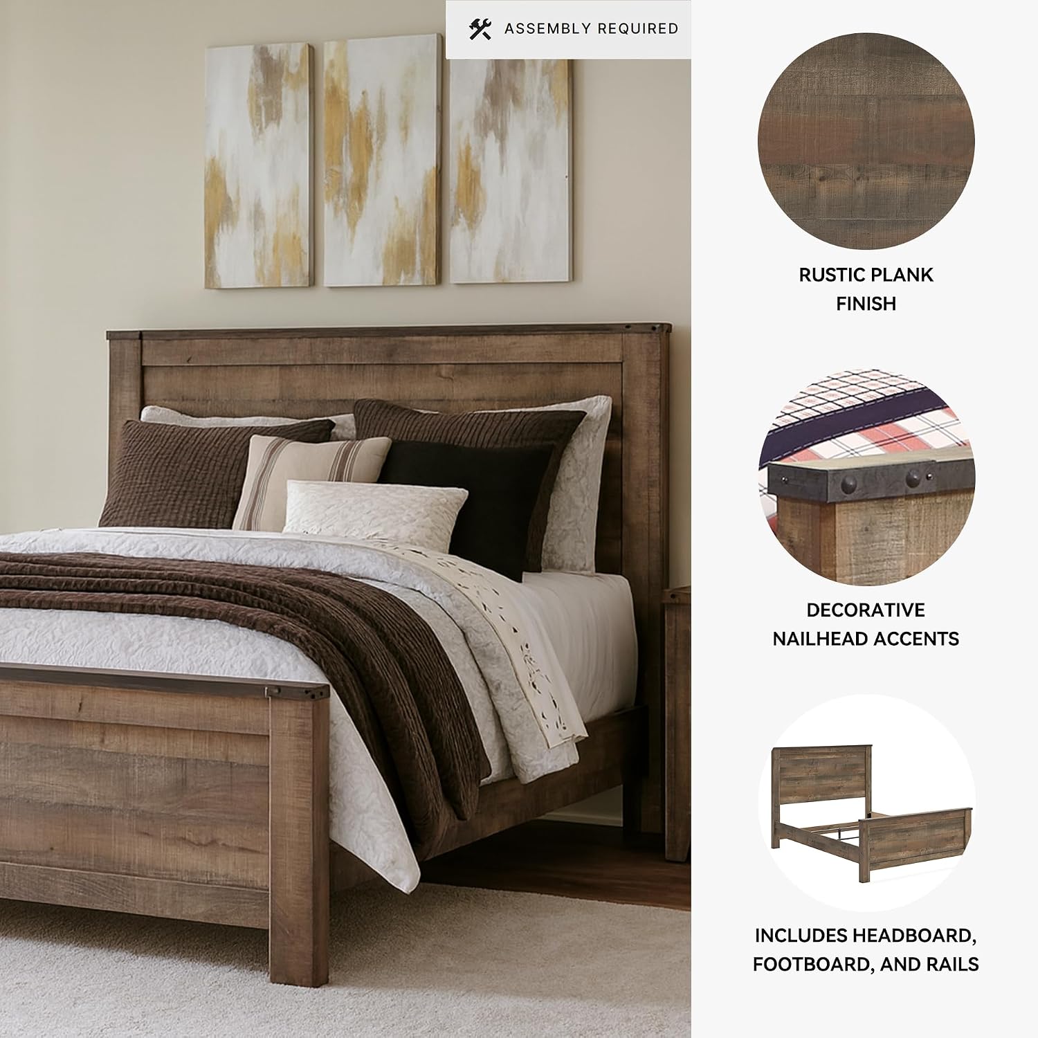 Signature Design by Ashley Trinell Casual Queen Panel Bed with Metal Slats and Nailheads, Foundation or Box Spring Needed, Dark Brown