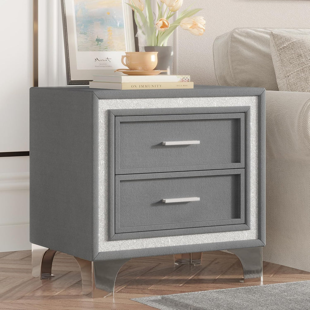King Platform Bed Frame with 2 Nightstands Set of 1+2, Elegant Velvet Upholstered Bed with Grid Pattern Padded Headboard, 2 LED Wall Sconces & USB Ports, No Box Spring Needed, Pearl Grey