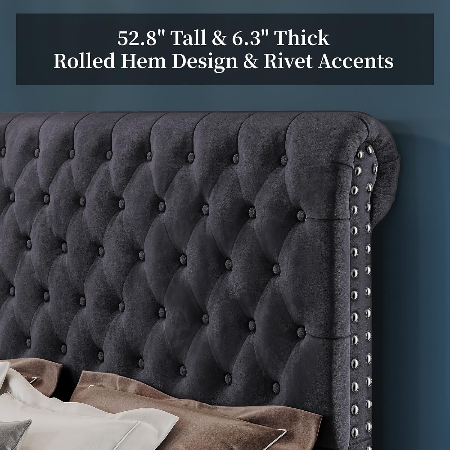 PaPaJet Bed Frame Queen Size Upholstered Platform Bed with 53'' Tall Sleigh Headboard, Button Tufted, No Box Spring Needed, Easy Assembly, Dark Grey