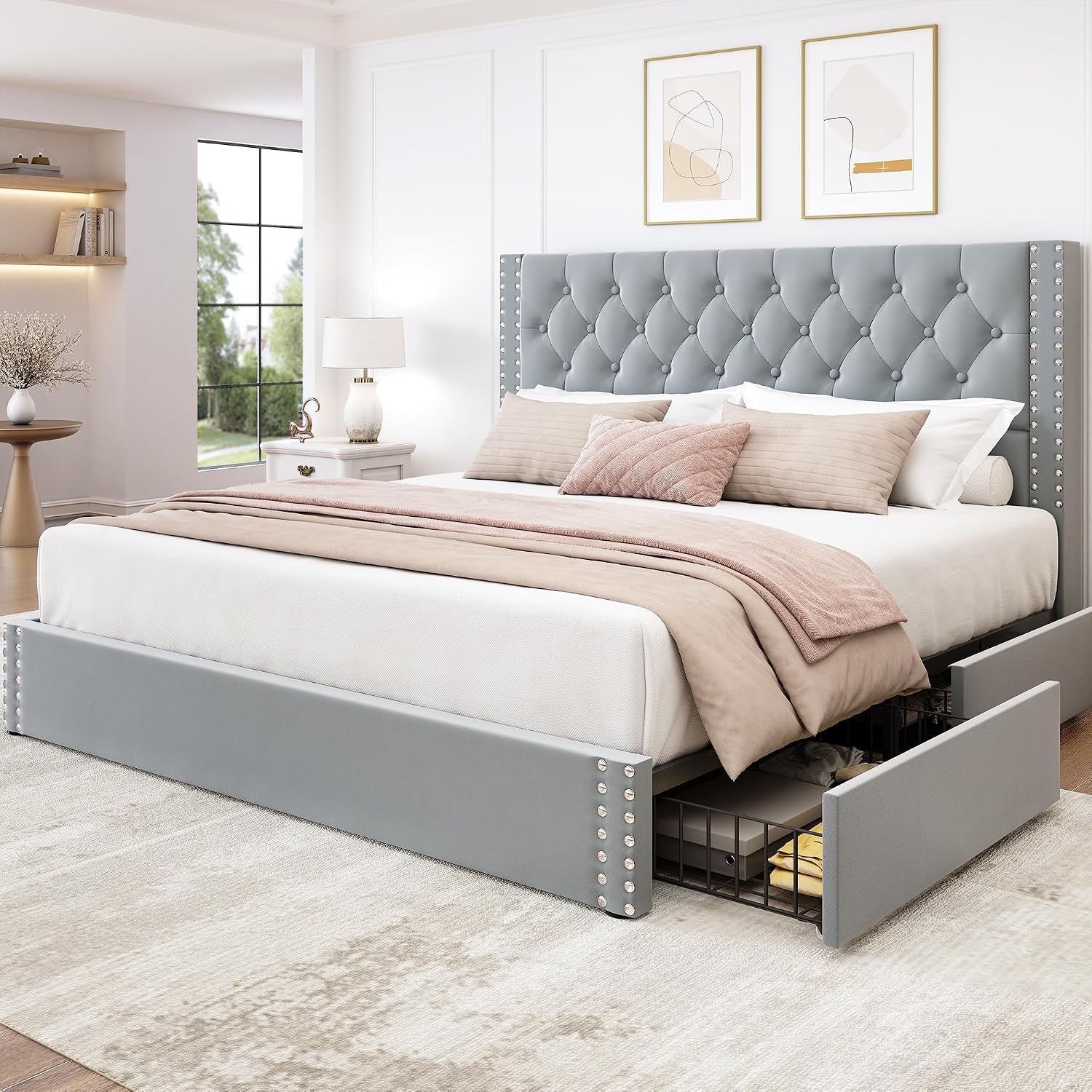 LARMACE King Size Bed Frame with 4 Storage Drawers and Tufted Headboard Velvet Upholstered Platform Bed Frame with Heavy Duty Wood Slats,No Box Spring Needed,Easy Assembly,Bluish Grey
