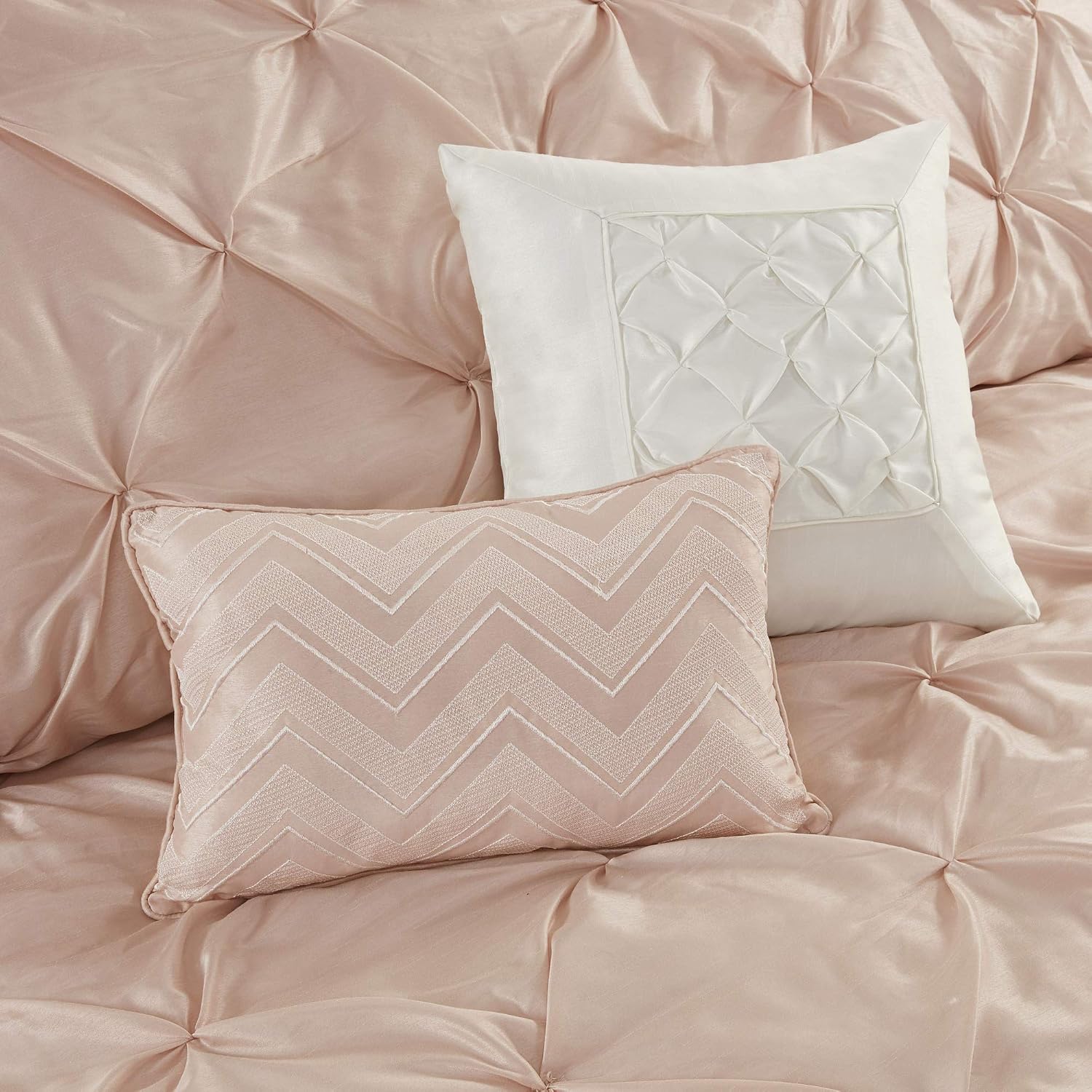 Madison Park Essentials Room in a Bag Faux Silk Comforter Set - Luxe Diamond Tufting All Season Bedding, Matching Curtains, Decorative Pillows, Blush King(104'x92') 24 Piece