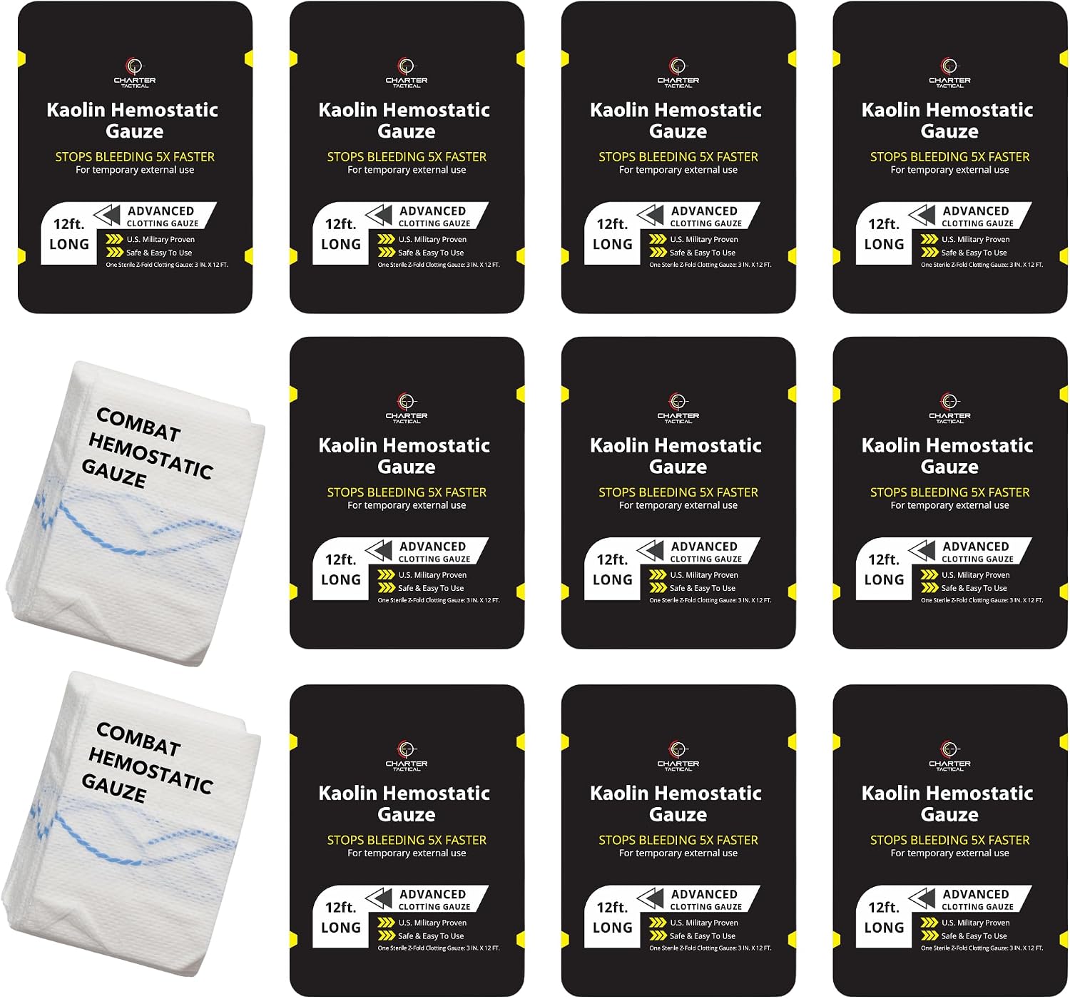 First Aid Advanced Quick Clot Combat Gauze - Flexible Hemostatic Gauze - to Stop The Bleed kit Faster Wound Packing withQuick Clotting Medical Gauze - Survival Kit Supplies (Pack of 10)