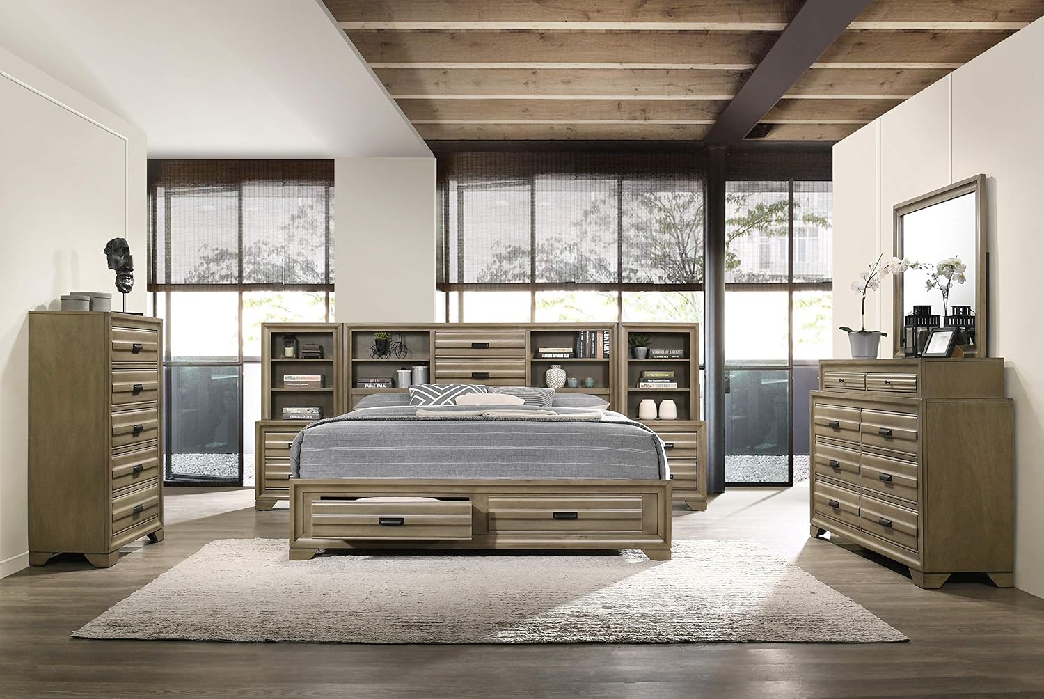 Roundhill Furniture Loiret Storage Platform King WallBed with Dresser and Mirror, Chest, Light Gray