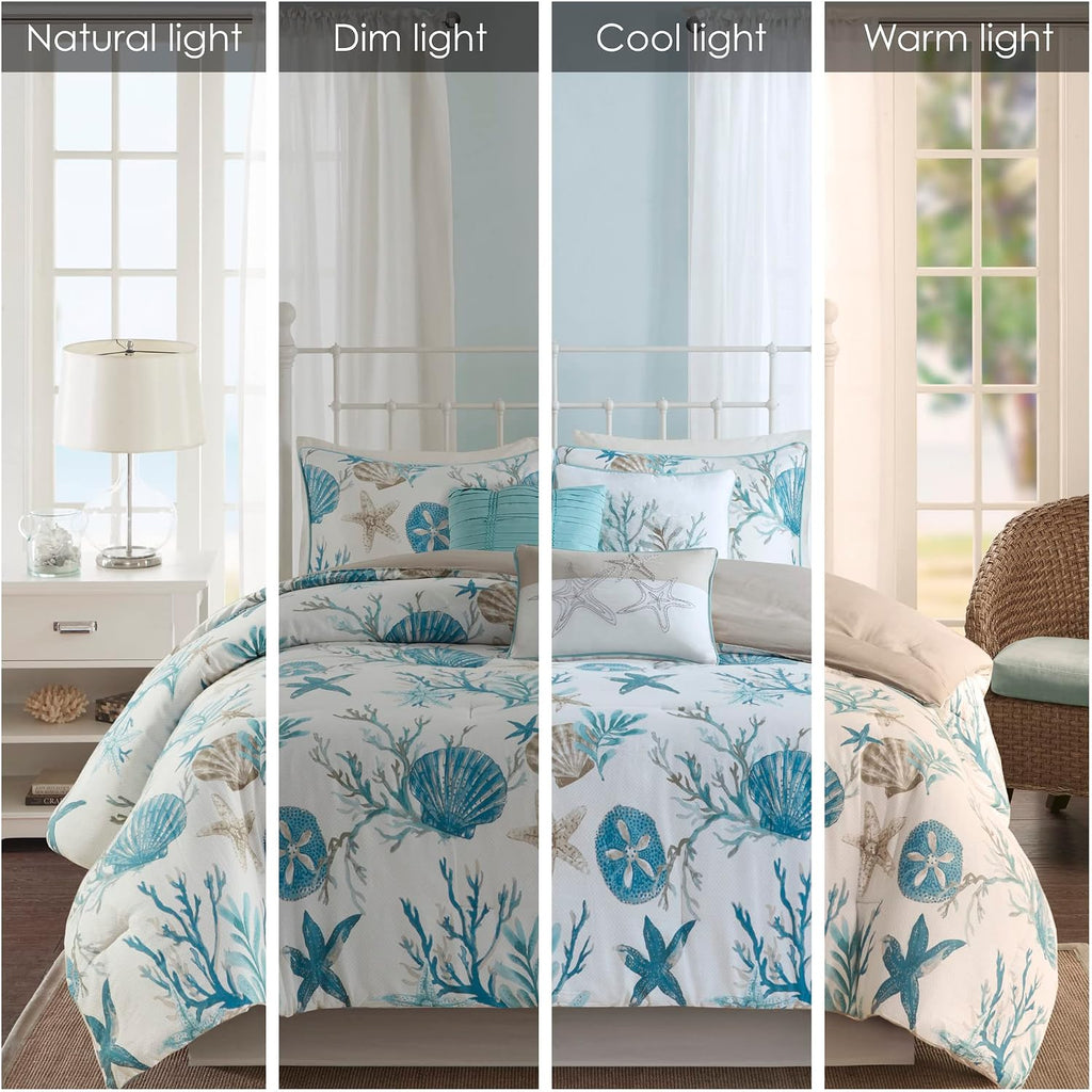 Madison Park Pebble Beach 100% Cotton Comforter Set - Coastal Coral, Starfish Design All Season Down Alternative Cozy Bedding with Matching Shams, Decorative Pillow, Queen(90'x90') Aqua 7 Piece