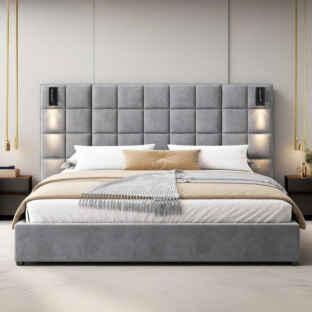 Christopher Knight Home Svens 46' High Headboard Bed, King Size Platform Bed Frame, Soft Velvet Bed Frame, King Size Headboard, Square Pattern Design with Reading Lamps and USB Ports, Grey