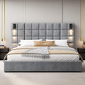 Christopher Knight Home Svens 46' High Headboard Bed, King Size Platform Bed Frame, Soft Velvet Bed Frame, King Size Headboard, Square Pattern Design with Reading Lamps and USB Ports, Grey