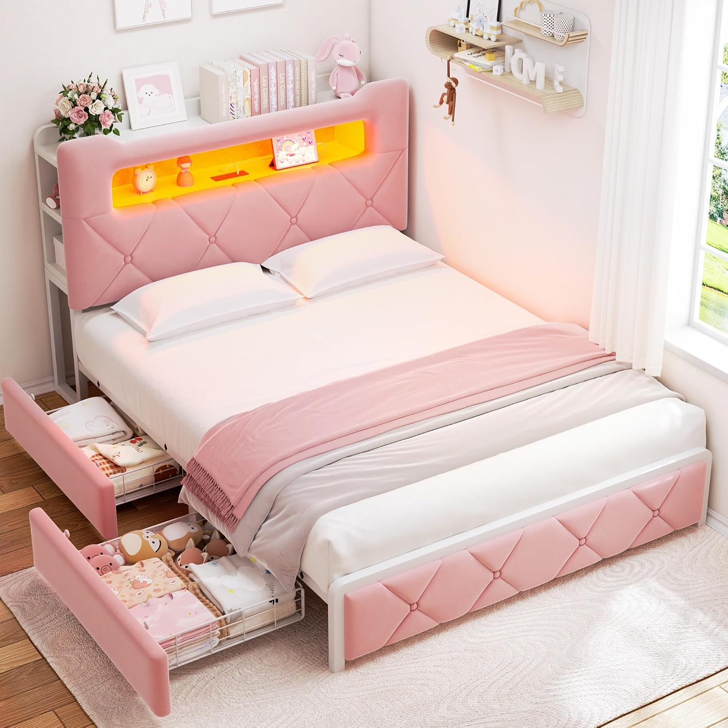 Queen Upholstered LED Bed Frame with 2 Storage Drawers and 2-Tier Storage Headboard,Velvet Princess Platform Bed with Charging Station & Bookcase, Corner Bed Frame, Heavy Duty Metal Support, Pink