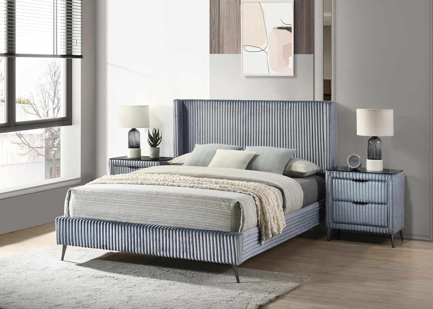 Roundhill Furniture Mavela Wide Wale Corduroy Upholstery Panel Queen Bed with 2 Nightstands, Blue