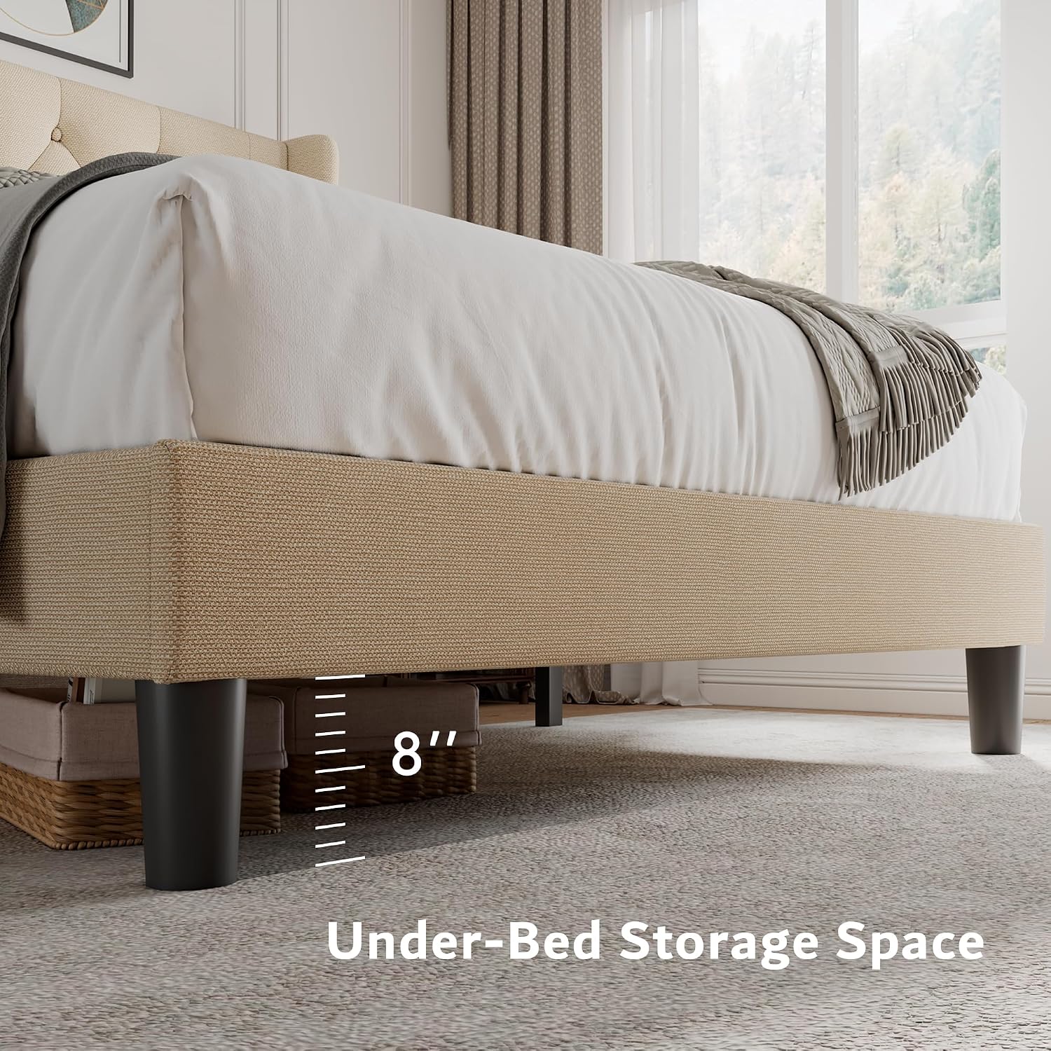 iPormis Queen Platform Bed Frame with Button Tufted Headboard, Upholstered Bed Frame with Solid Wooden Slats, 8' Under-Bed Space, No Box Spring Needed, Easy Assembly, Noise Free, Beige