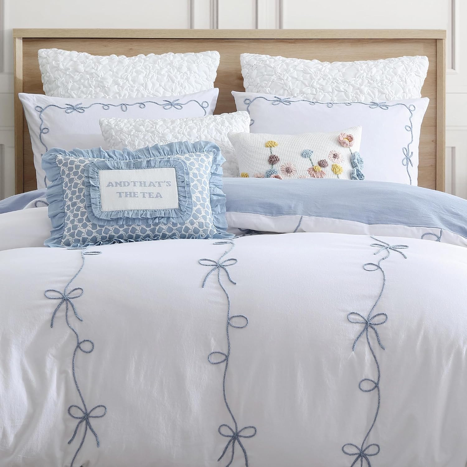 Peri Home Bows Bedding Cottage Core 100% Cotton 3-Piece Comforter and Sham Set, Full/Queen, Blue Sasha Bows
