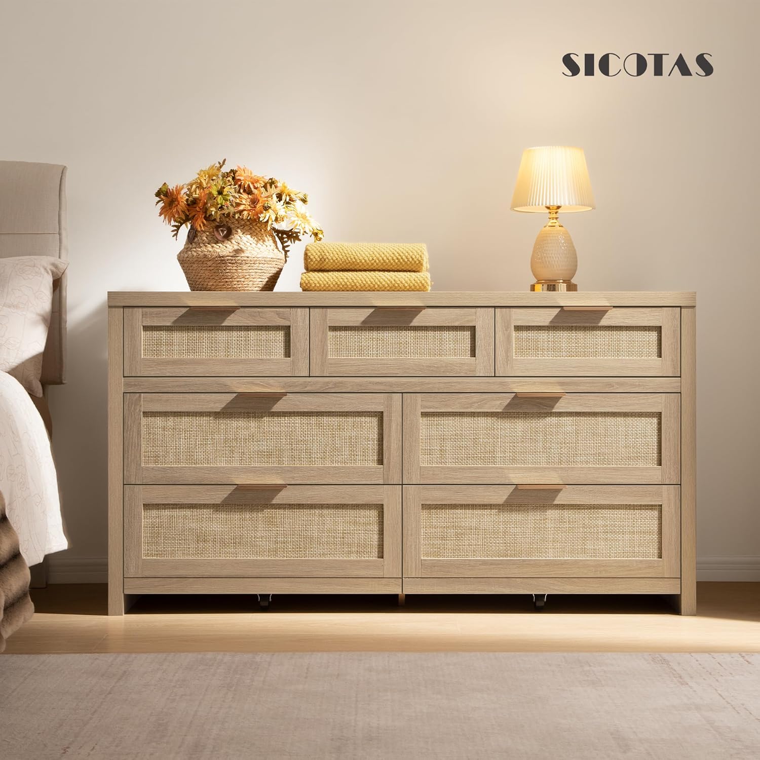SICOTAS 7 Drawer Dresser for Bedroom, 57' Wide Rattan Dressers, Large Chest of Drawers for Bedroom, Dresser TV Stand, Boho Closet Organizer (Reclaimed Light Oak, 7 Drawers (1 pc))