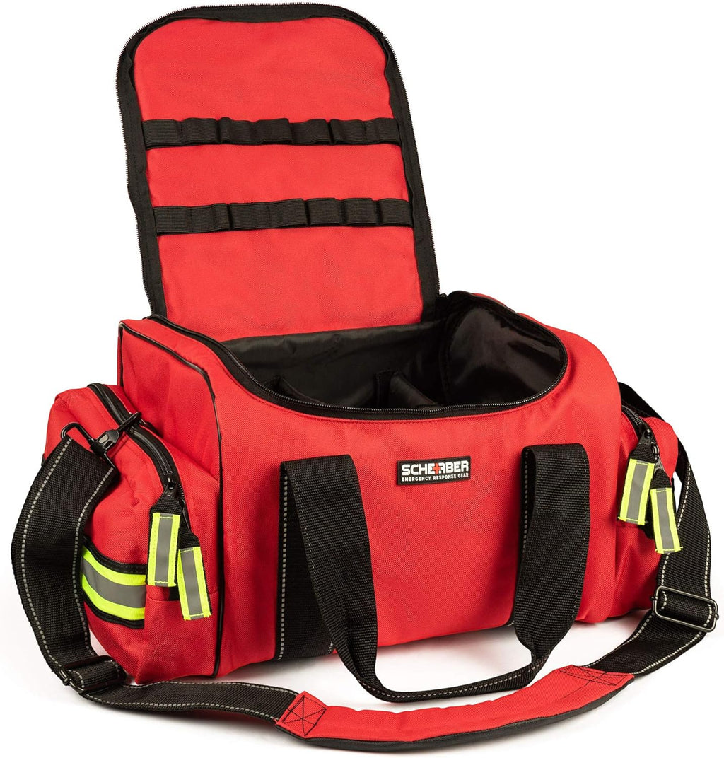Scherber Fully-Stocked First Responder Bag | Professional EMT/EMS Trauma & Bleeding Medical Kit | HSA/FSA Approved | CAT Tourniquet, HyFin Chest Seal, Israeli Bandage & 250+ First Aid Supplies (Red)