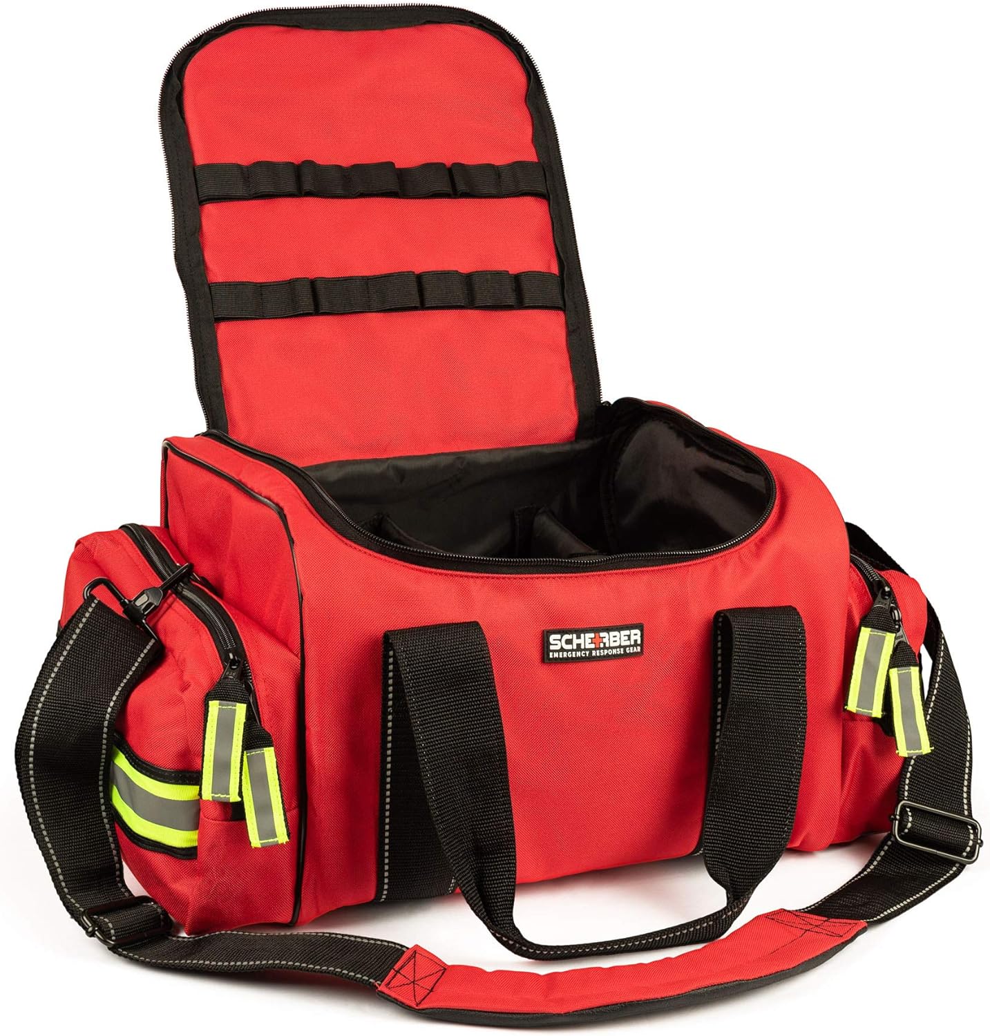 Scherber Fully-Stocked First Responder Bag | Professional EMT/EMS Trauma & Bleeding Medical Kit | HSA/FSA Approved | CAT Tourniquet, HyFin Chest Seal, Israeli Bandage & 250+ First Aid Supplies (Red)