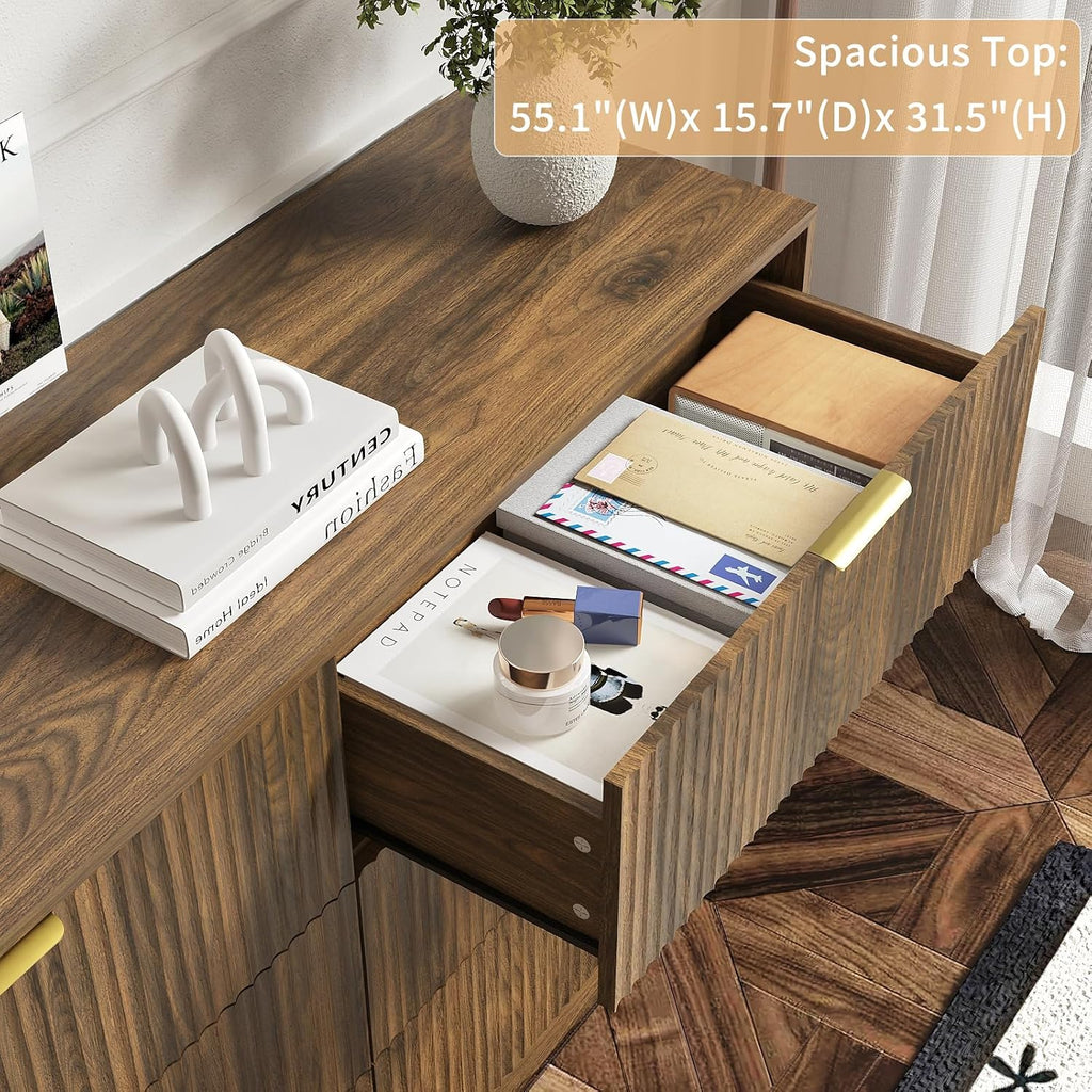 3-Piece Modern Bedroom Furniture Set, Wide 6-Drawer Dresser & 3-Drawer Nightstands Set of 2, Natural Wood Dresser and Nightstand Sets for Bedroom, Hallway, Walnut