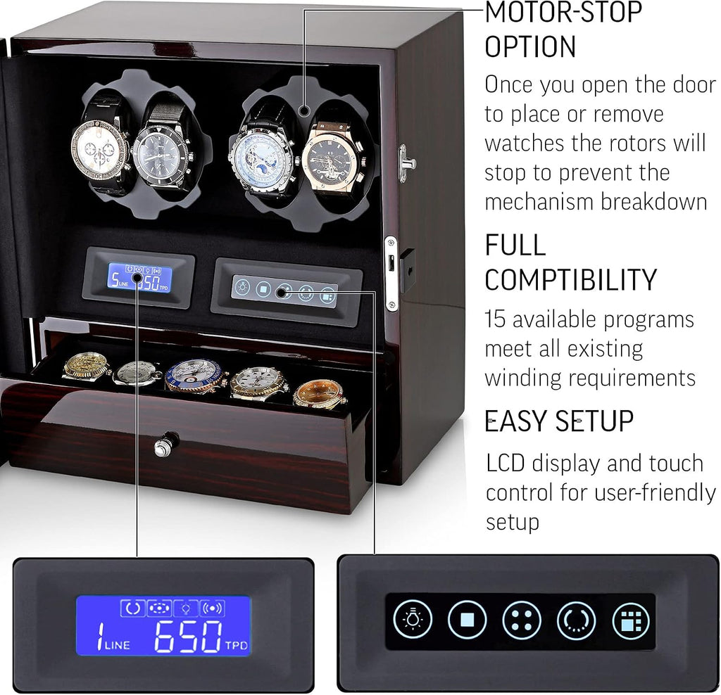 4 Watch Winder with 5 Watch Storage Space, LCD Display, Touch Control and Interior Light