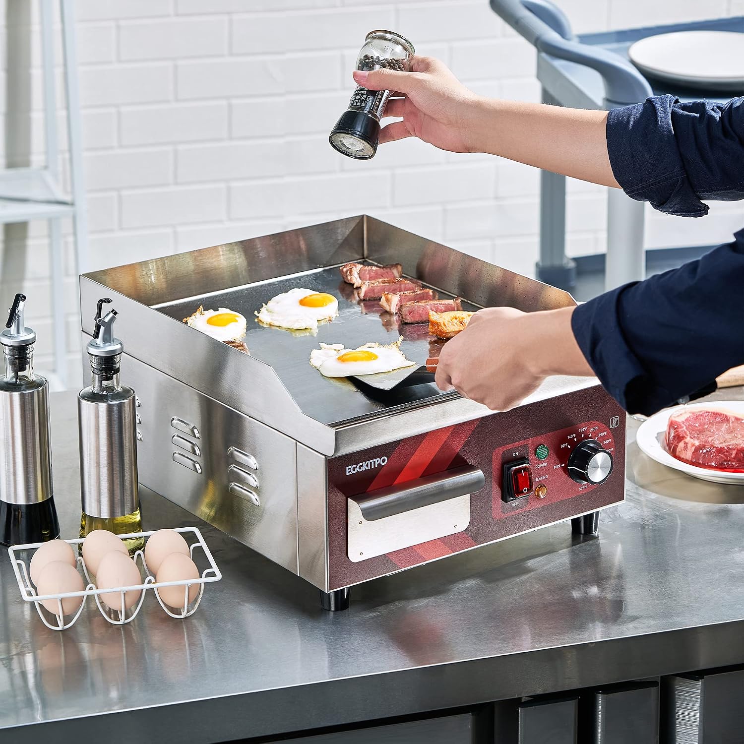 EGGKITPO 14 Inch Electric Griddle 120V 1800W, Non-Stick Flat Top Grill Commercial Electric Countertop Griddles Stainless Steel Adjustable Temperature Control 90℉-575℉ for Home or Restaurant Use
