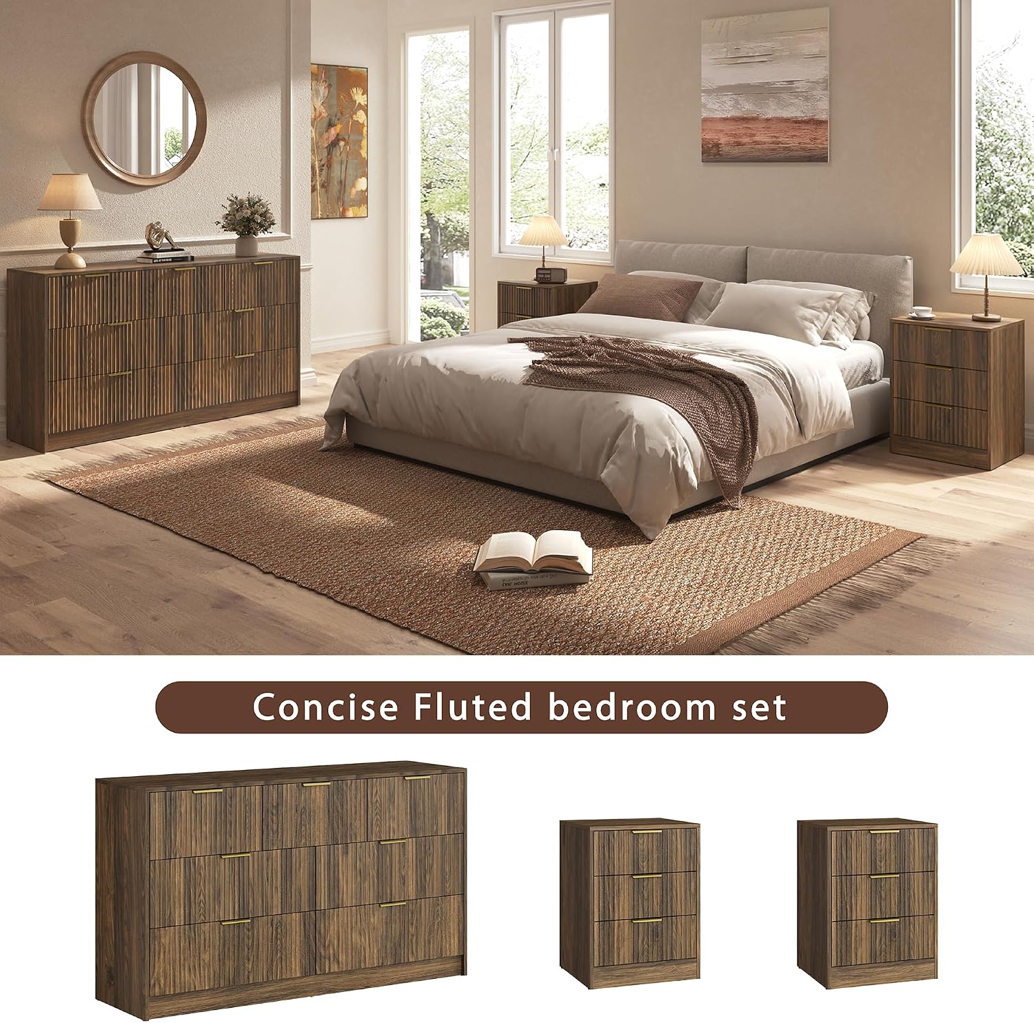 3-Piece Modern Bedroom Furniture Set, Wide 6-Drawer Dresser & 3-Drawer Nightstands Set of 2, Natural Wood Dresser and Nightstand Sets for Bedroom, Hallway, Walnut