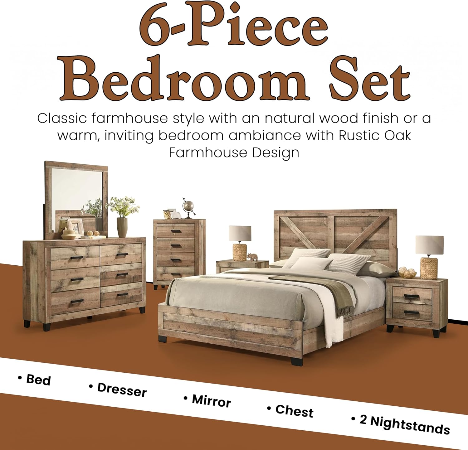 Kings Brand Furniture 6-Piece Antique Natural King Size Bedroom Set - Bed, Dresser, Mirror, Chest and 2 Nightstands