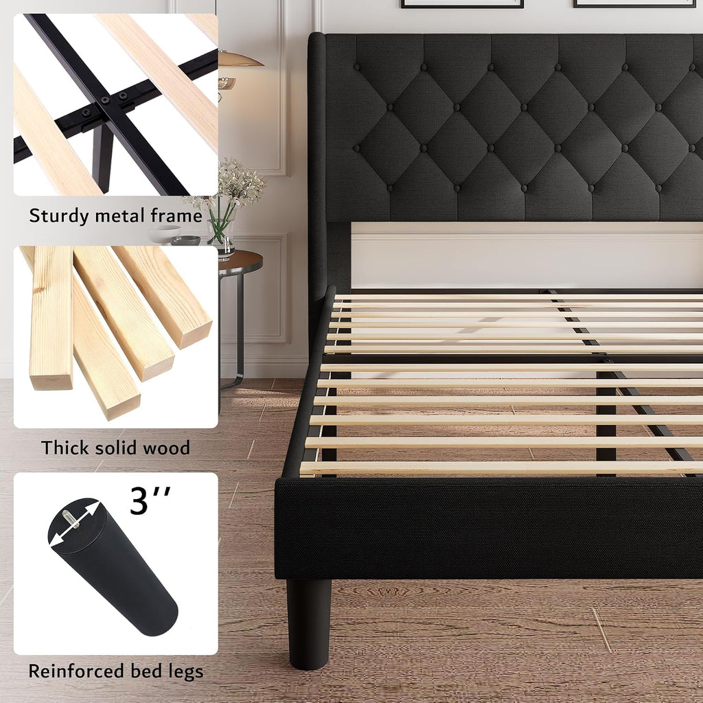iPormis Full Size Platform Bed Frame with Button Tufted Headboard, Upholstered Bed Frame with Solid Wooden Slats, 8' Underbed Space, No Box Spring Needed, Noise Free, Easy Assembly, Black