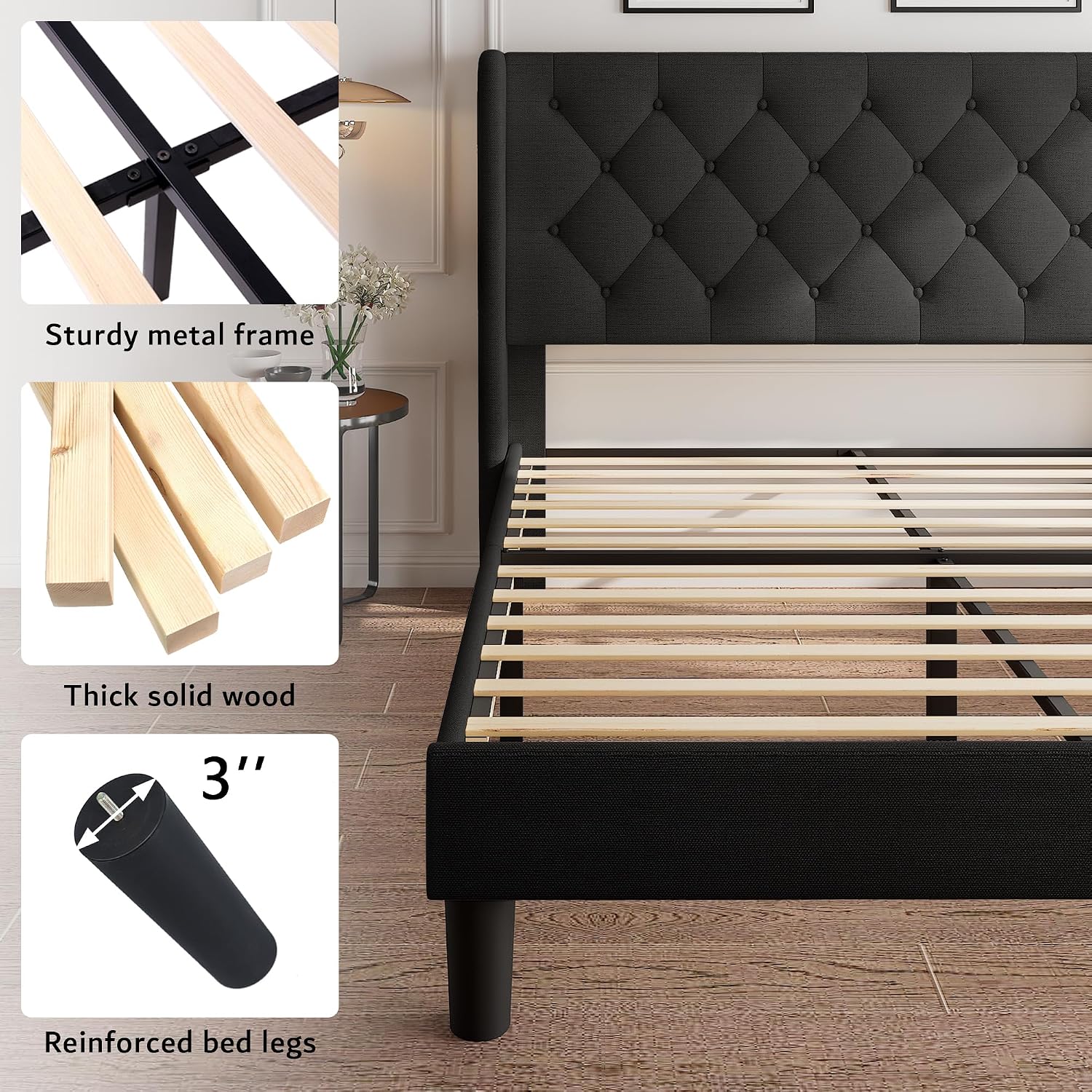iPormis Full Size Platform Bed Frame with Button Tufted Headboard, Upholstered Bed Frame with Solid Wooden Slats, 8' Underbed Space, No Box Spring Needed, Noise Free, Easy Assembly, Black