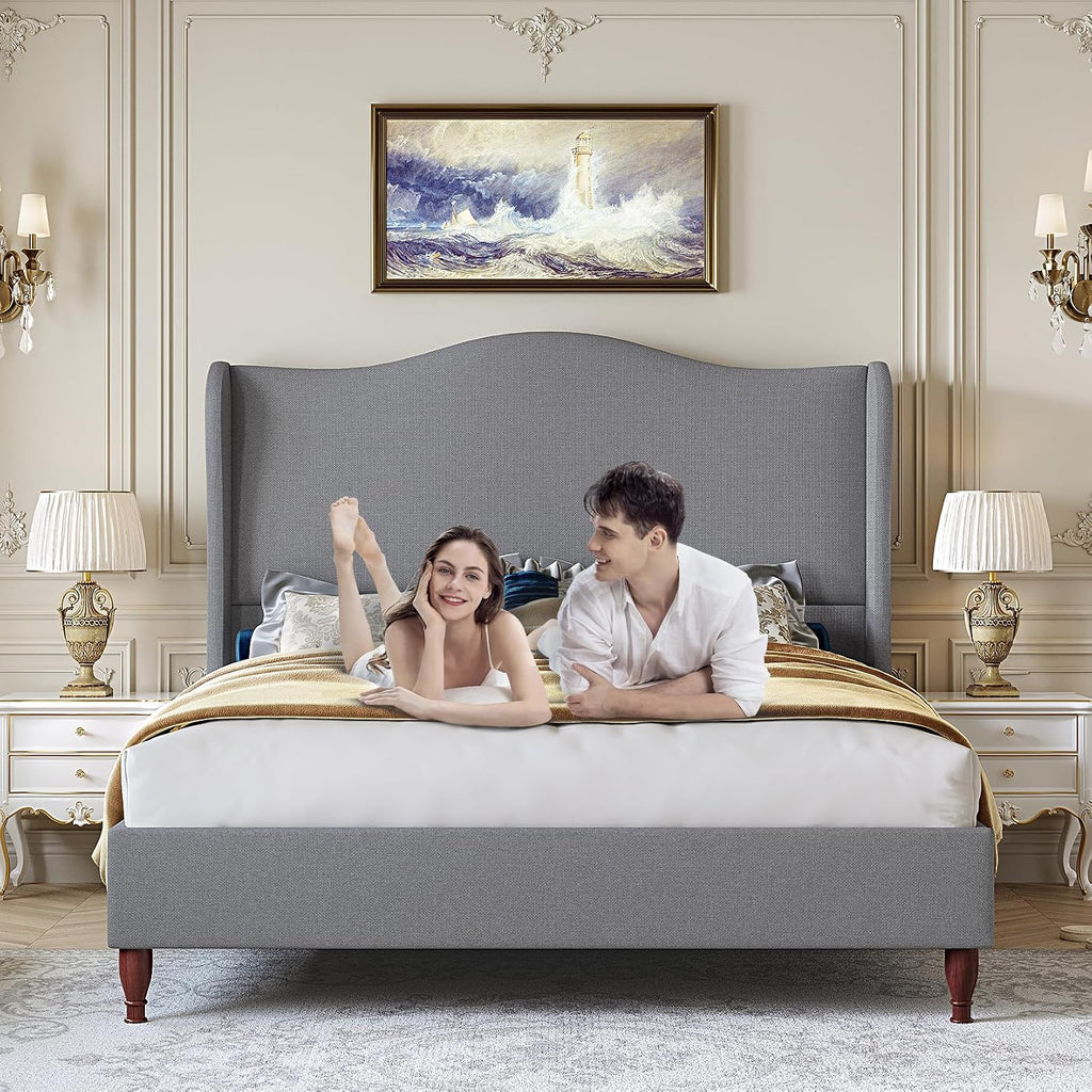 koorlian Queen Bed Frame Upholstered Platform Bed with 51' Tall Headboard Wingback, Soft Fabric, Retro Simple Style No Box Spring Needed, Easy Assembly, Grey