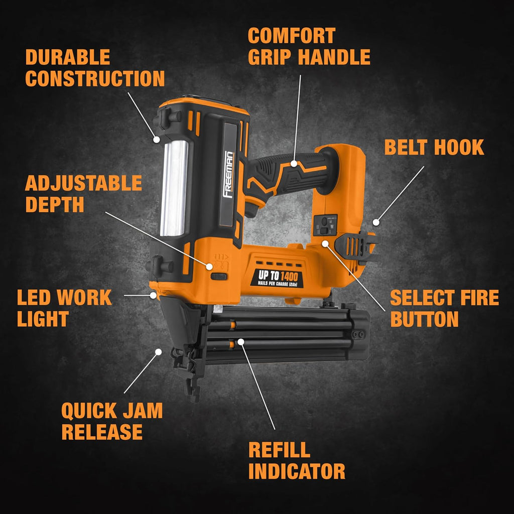 Freeman PE20VT1850 20 Volt Cordless 18-Gauge 2' Brad Nailer (Tool Only) – 1400 Shots per Charge