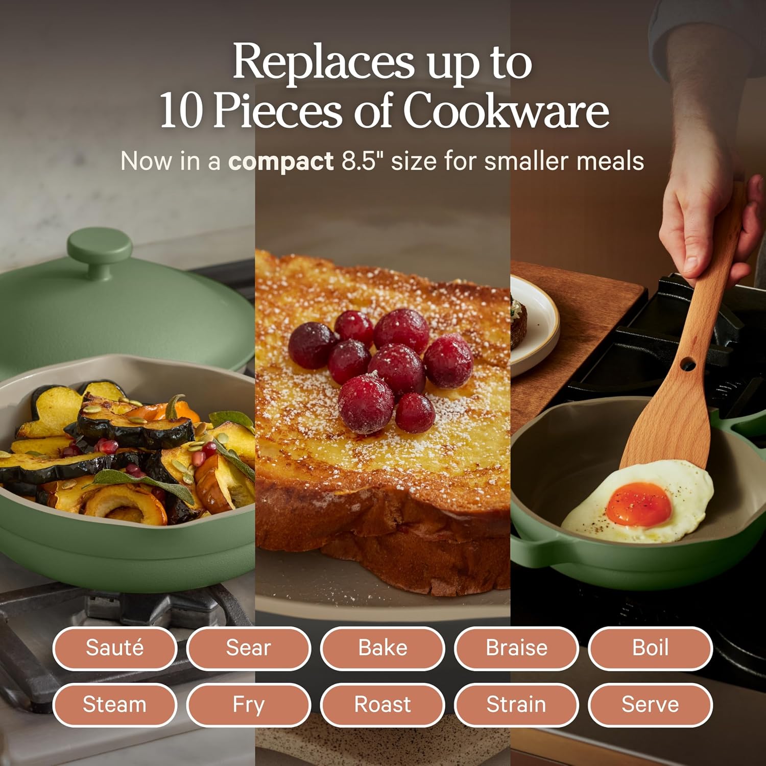 Our Place Mini Always Pan | 8.5' Ceramic Pan with Modular Lid & Beechwood Spatula | Patented 10-in-1 Nonstick, Non-Toxic Cookware Made Without PFAS | Induction & Oven-Safe up to 450°F | Sage