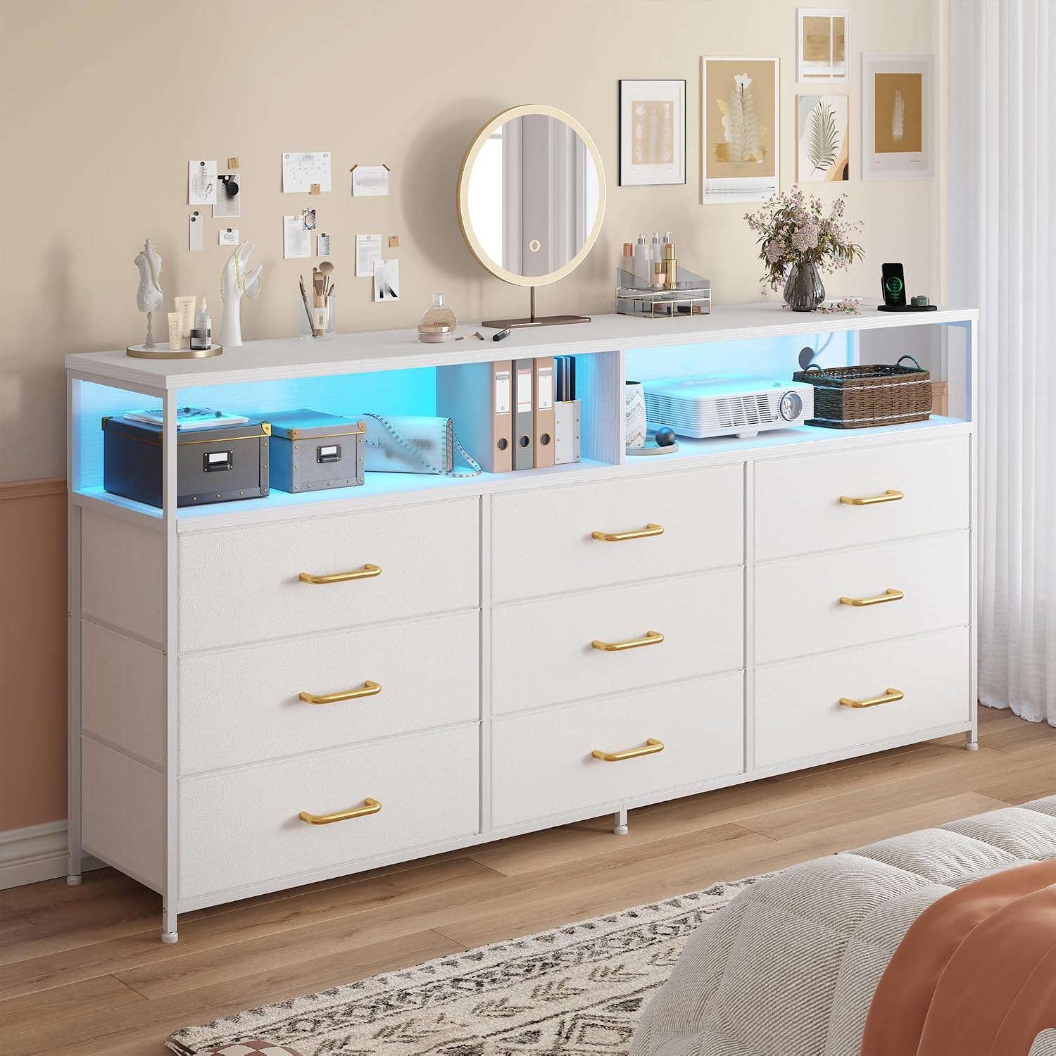 EnHomee 55' W White Dresser for Bedroom with Charging Station & LED Light, 65 Inch TV Stand with 9 Fabric Drawers, Sturdy Dressers & Chest of Drawers with 2 Wood Open Shelves,55.12' Wx11.81 Dx35.43 H