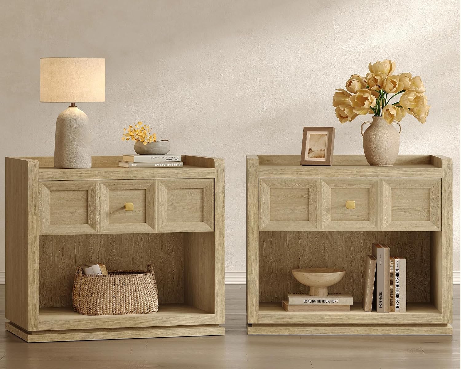 SICOTAS Night Stand Set 2, 26' Wide Nightstands with Drawer, Large Queen Size Nightstands Set of 2, Modern Bedside Table for Bedroom, Side End Table (Coastal Oak, 26 Inch)