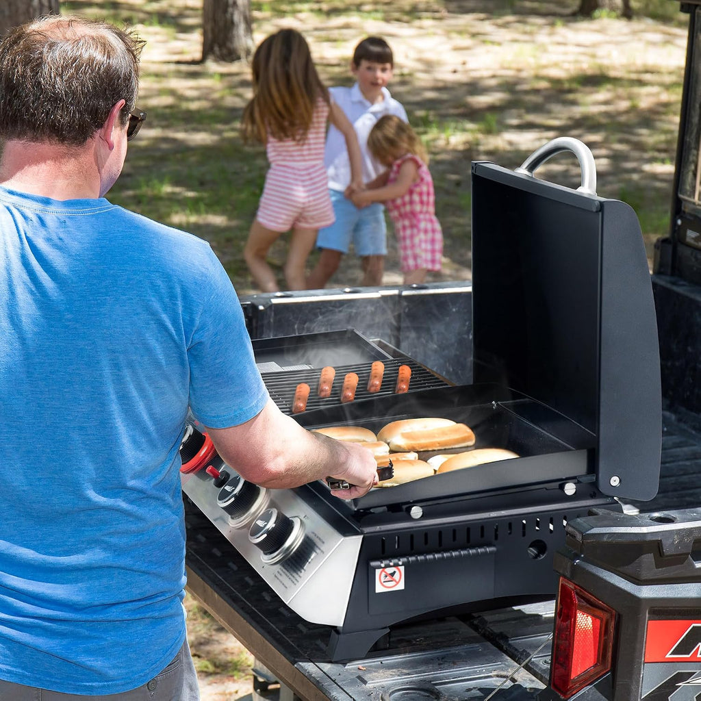 3-Burner Portable Propane Gas Griddle with Side Burner, 3-in-1 Grill and Griddle Combo with Lid, Outdoor Cooking, 29,000 BTU, Silver, PD1305H-SC