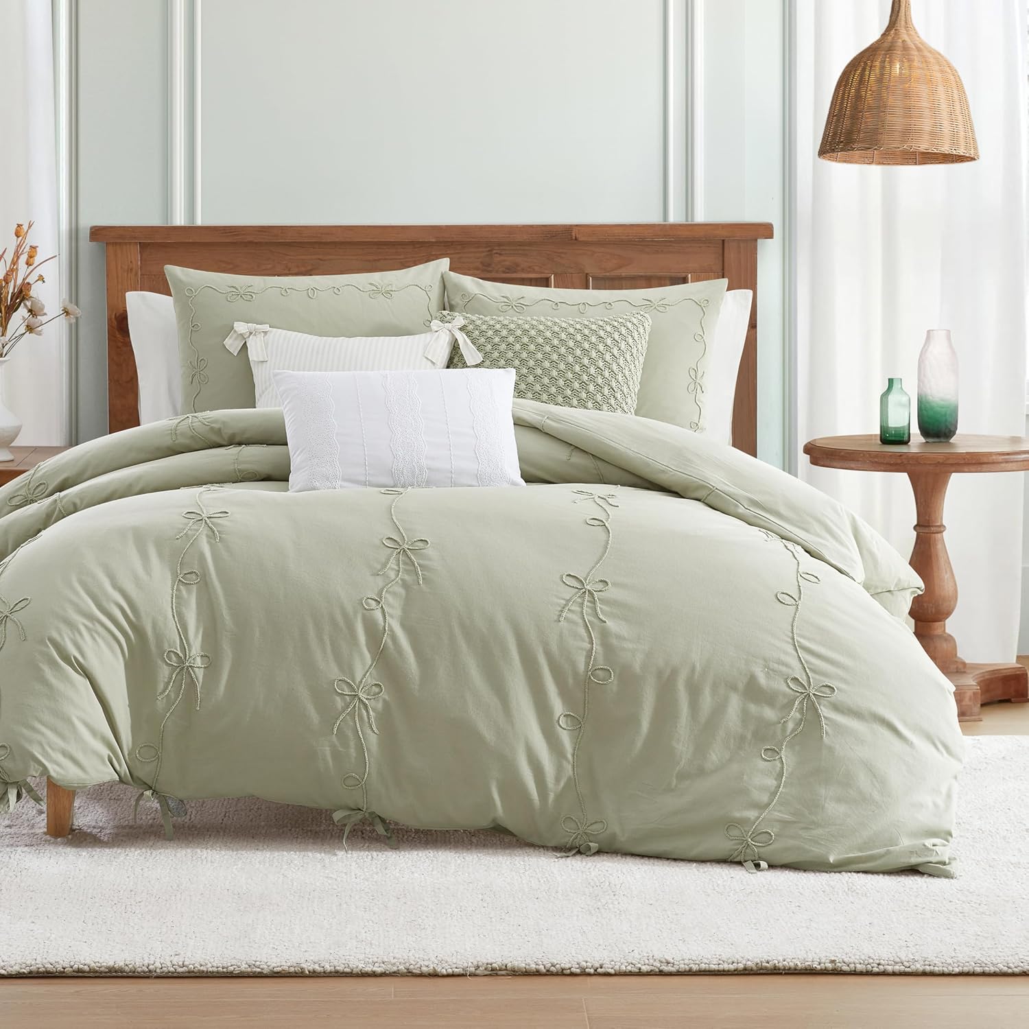 Peri Home Bows Bedding Cottage Core 100% Cotton 3-Piece Comforter and Sham Set, King, Green Sasha Bows