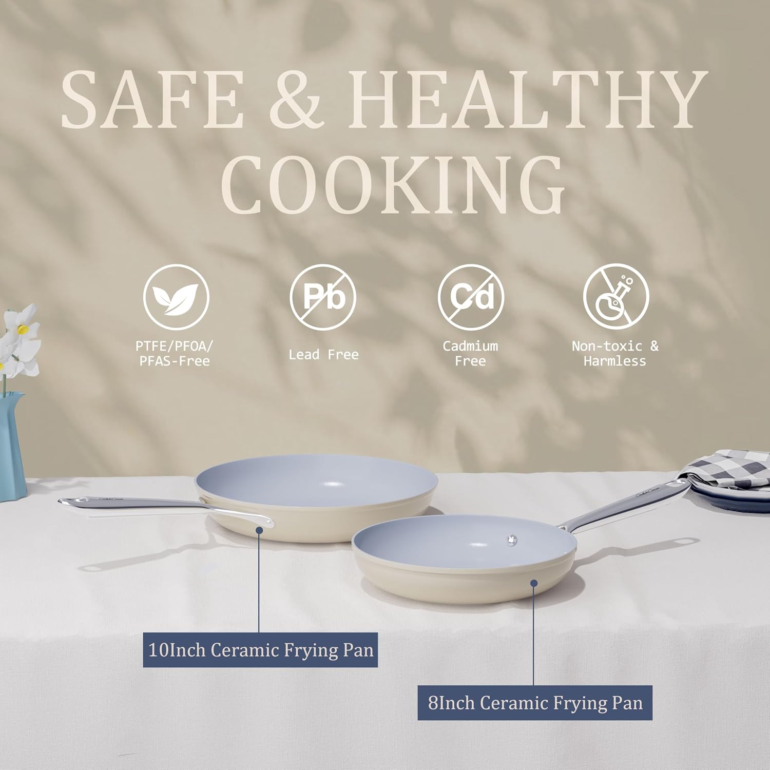 CookinCraze Ceramic Cookware Set, Pots and Pans Set Nonstick with Lid PFAS & PFOA Free, Induction Compatible Oven Safe Up to 500°F Even Heat Distribution, Cream