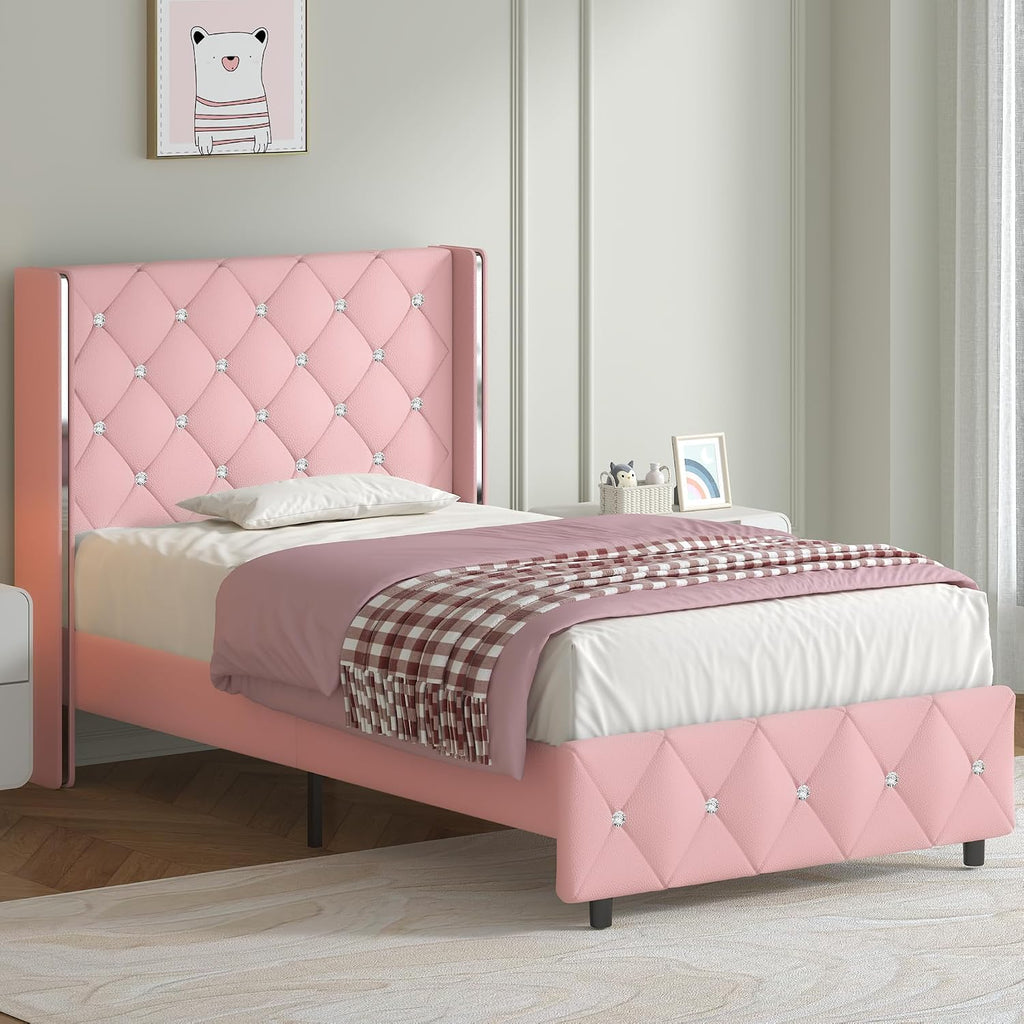 Lullabyre Twin Size Bed Frame, Upholstered Bed Frame with Diamond Tufted Headboard, Modern Silverside Wingback, No Box Spring Needed, Easy Assembly, Pink
