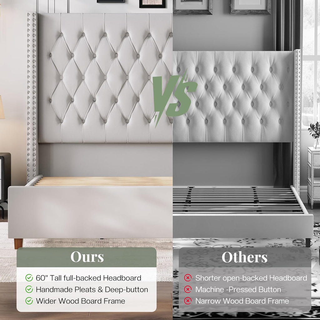 Jocisland Queen Size Bed Frame 61.4' Extra Tall Wingback Headboard Velvet Upholstered Deep Button Tufted Platform Bed with Solid Wood Legs & Wood Slats, No Box Spring Needed, Cream