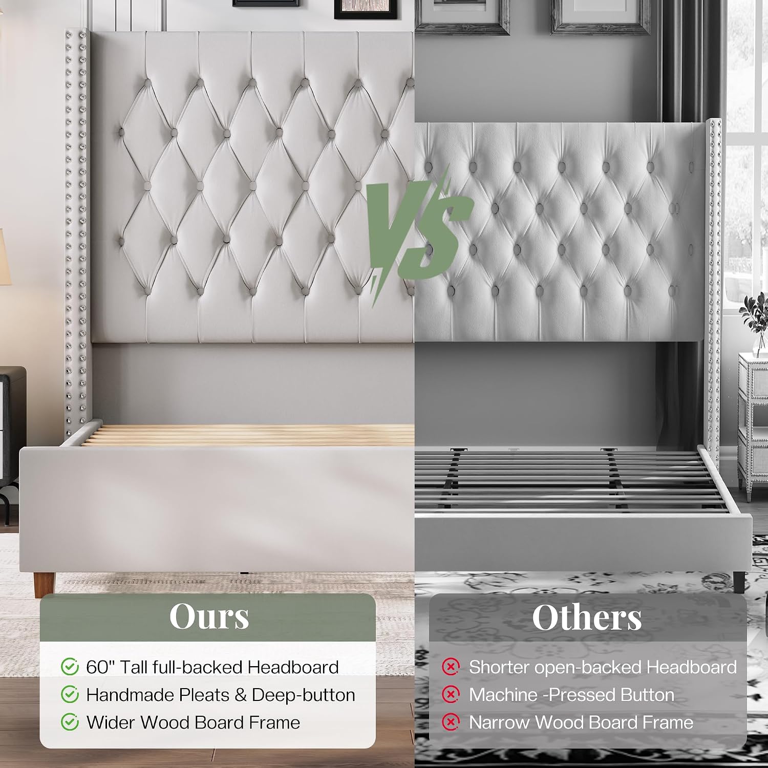 Jocisland California King Bed Frame 61.4' Extra Tall Wingback Headboard Velvet Upholstered Deep Button Tufted Platform Bed with Solid Wood Legs & Wood Slats, No Box Spring Needed, Cream