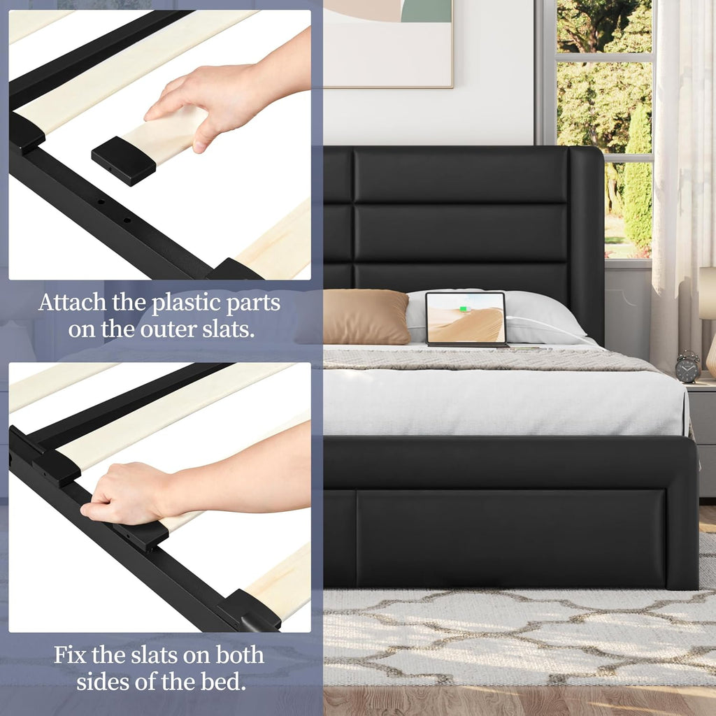 Yaheetech Queen Size Bed Frame Platform with 2 USB Charging Station/Port for Type A&Type C/3 Storage Drawers, Leather Upholstered with Headboard/Solid Wood Slat Support/No Box Spring Needed/Black