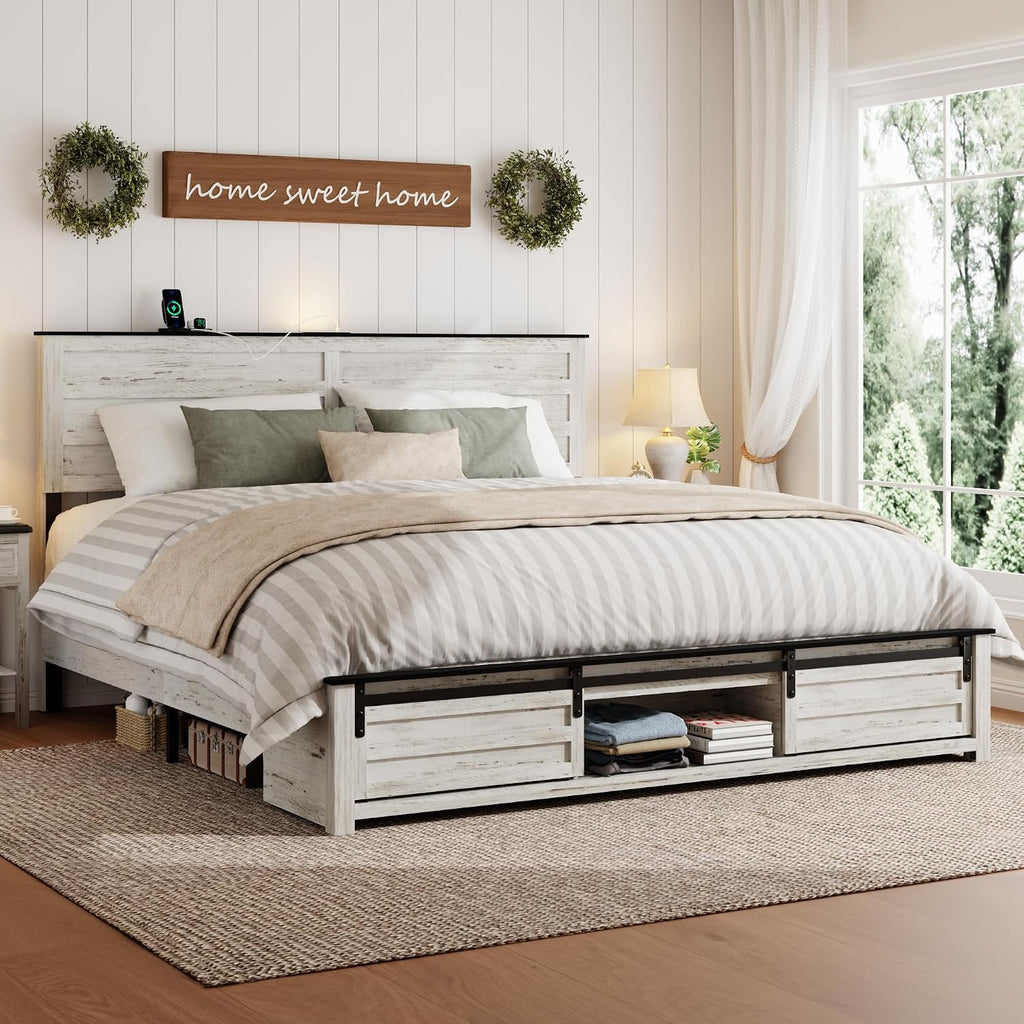 Wooden King Size Bed Frame with Headboard, Boho White Farmhouse Storage Bedframe with Sliding Barn Door Footboard and Charging Station, Wood Slats, No Box Spring Needed