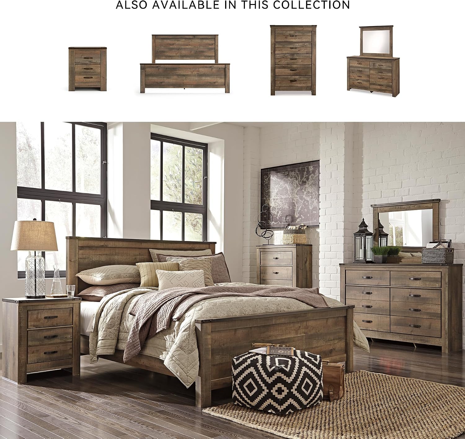 Signature Design by Ashley Trinell Rustic 2 Drawer Nightstand with USB Charging Stations, 29.65' Tall, Warm Brown