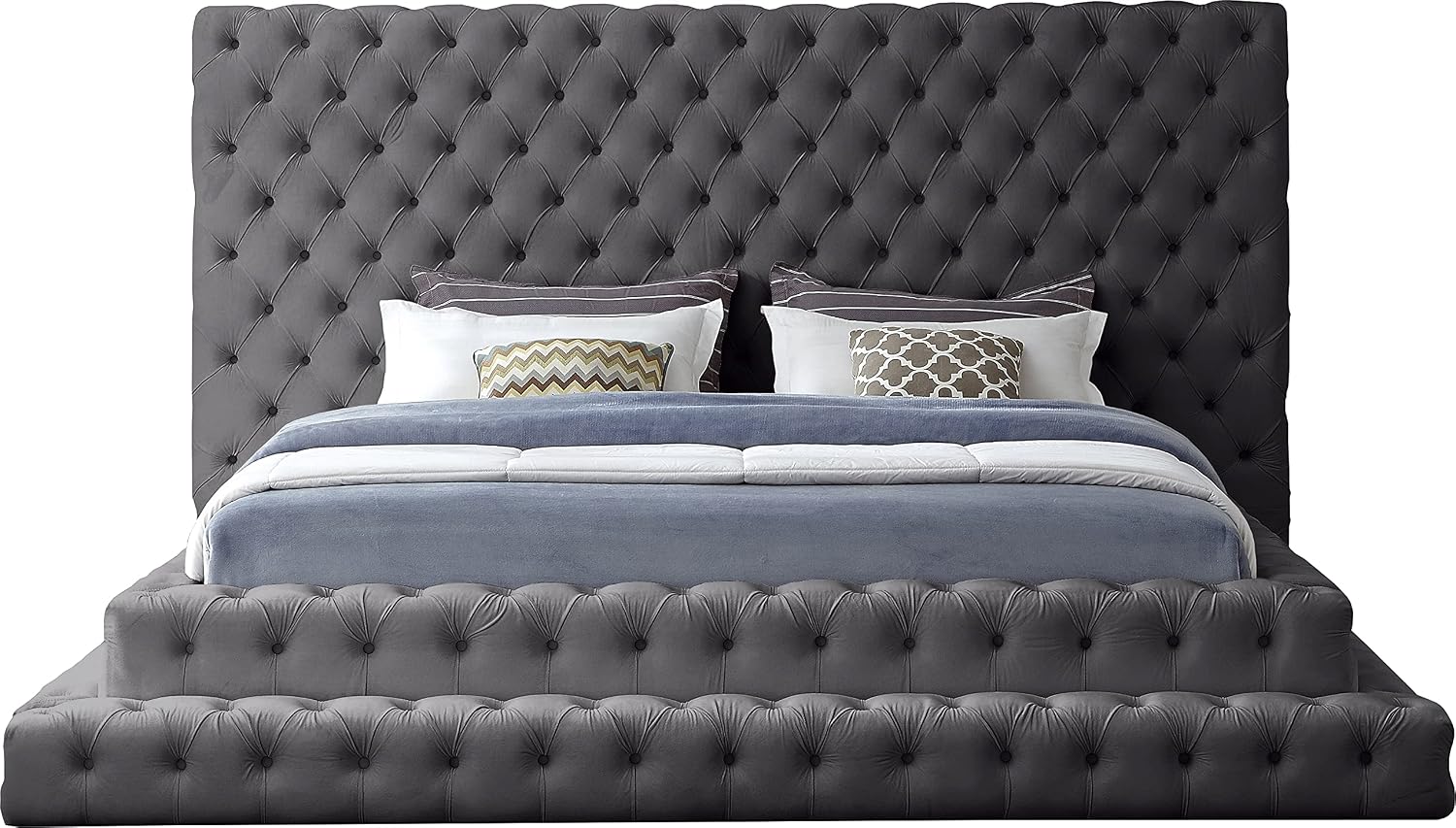 Meridian Furniture RevelGrey-K Revel Collection Modern | Contemporary Grey Velvet Upholstered Bed with Deep Button Tufting, 101' W x 98' D x 60' H, Grey, King