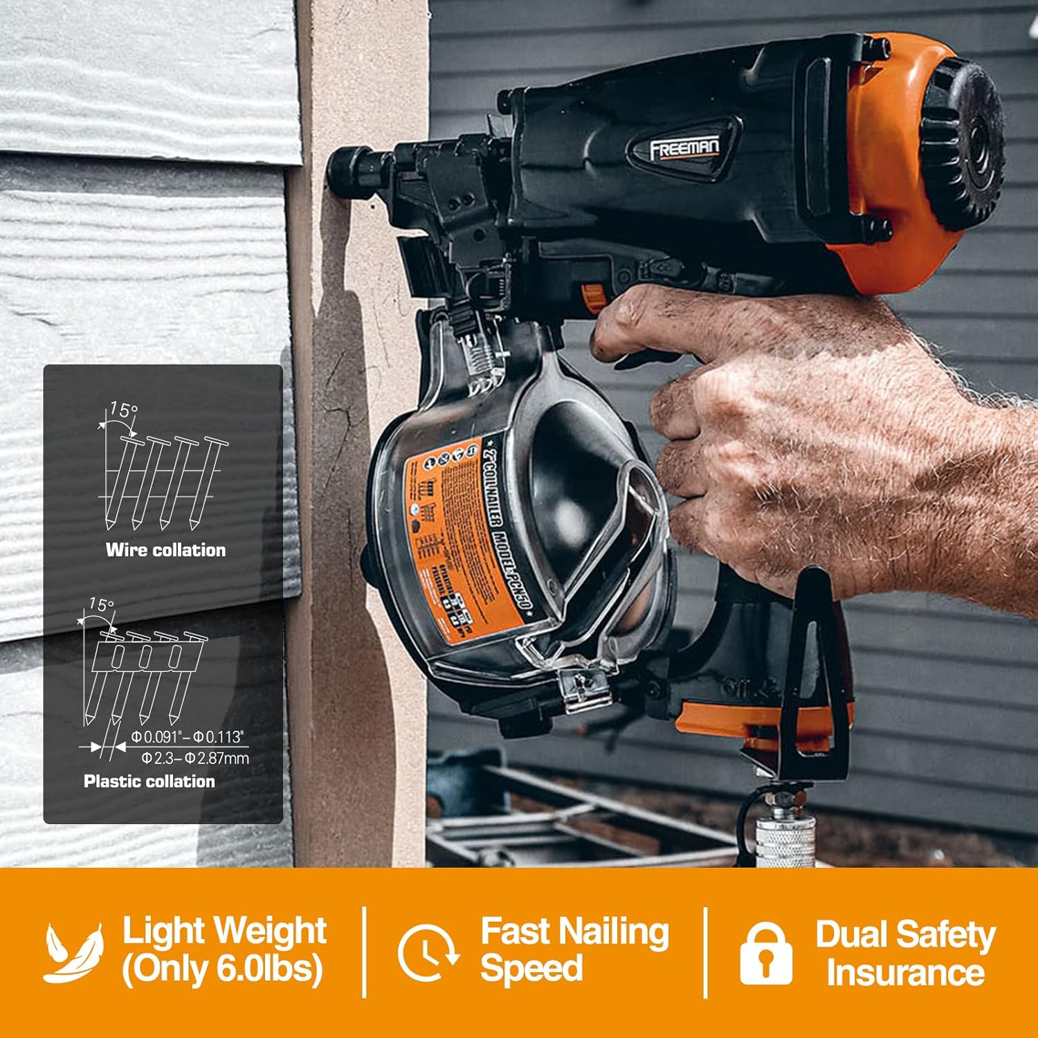 Freeman Pneumatic 15 Degree 2-1/2' Coil Siding Nailer with Adjustable Metal Belt Hook | PCN65